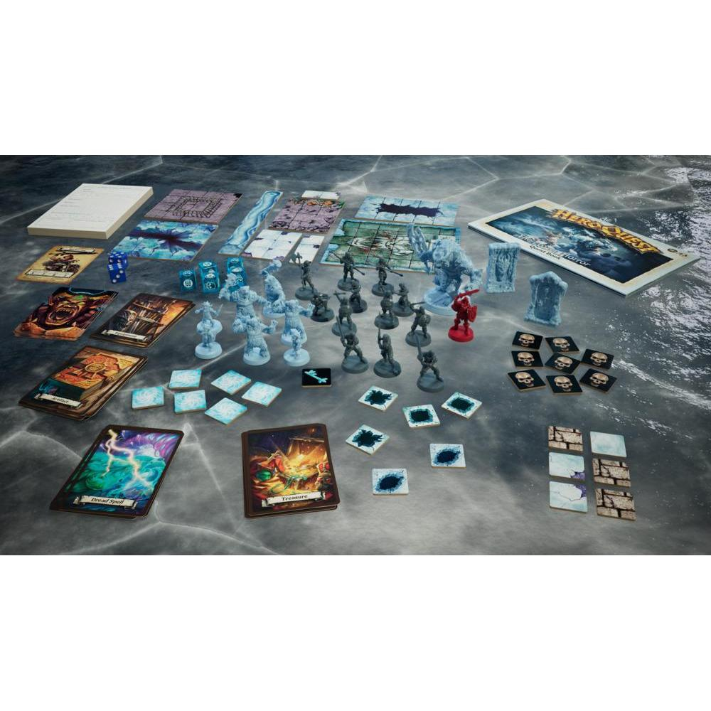 Brettspiel-Setup mit Figuren, Würfeln und Karten. Auf gefrorener Oberfläche platziert.