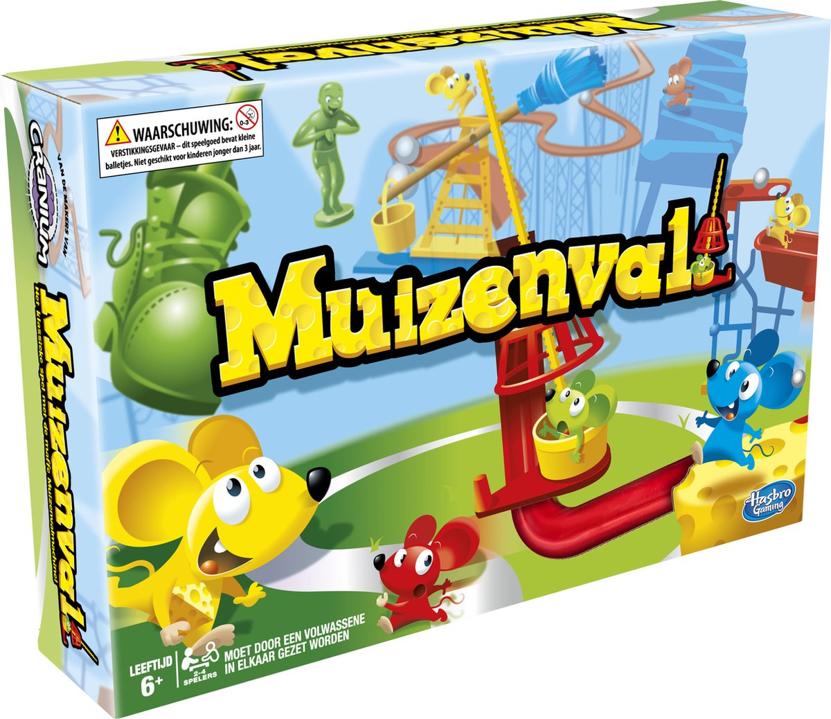 Mousetrap board game box. The box depicts a cartoon scene with a yellow mouse, a red mouse, and a complex trap.