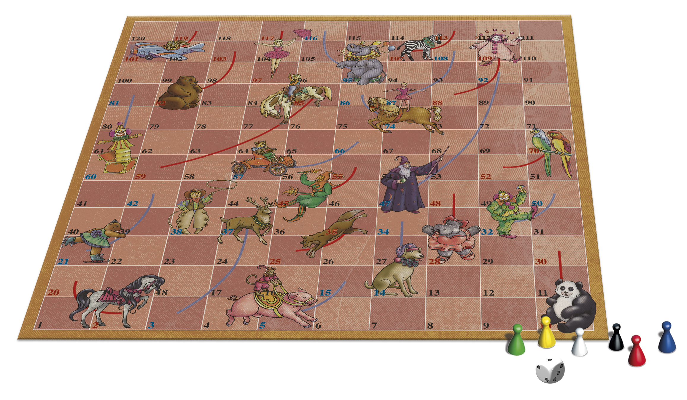 Bordspel met dierenfiguren, nummers en dobbelstenen. Kleurrijk spelbord.