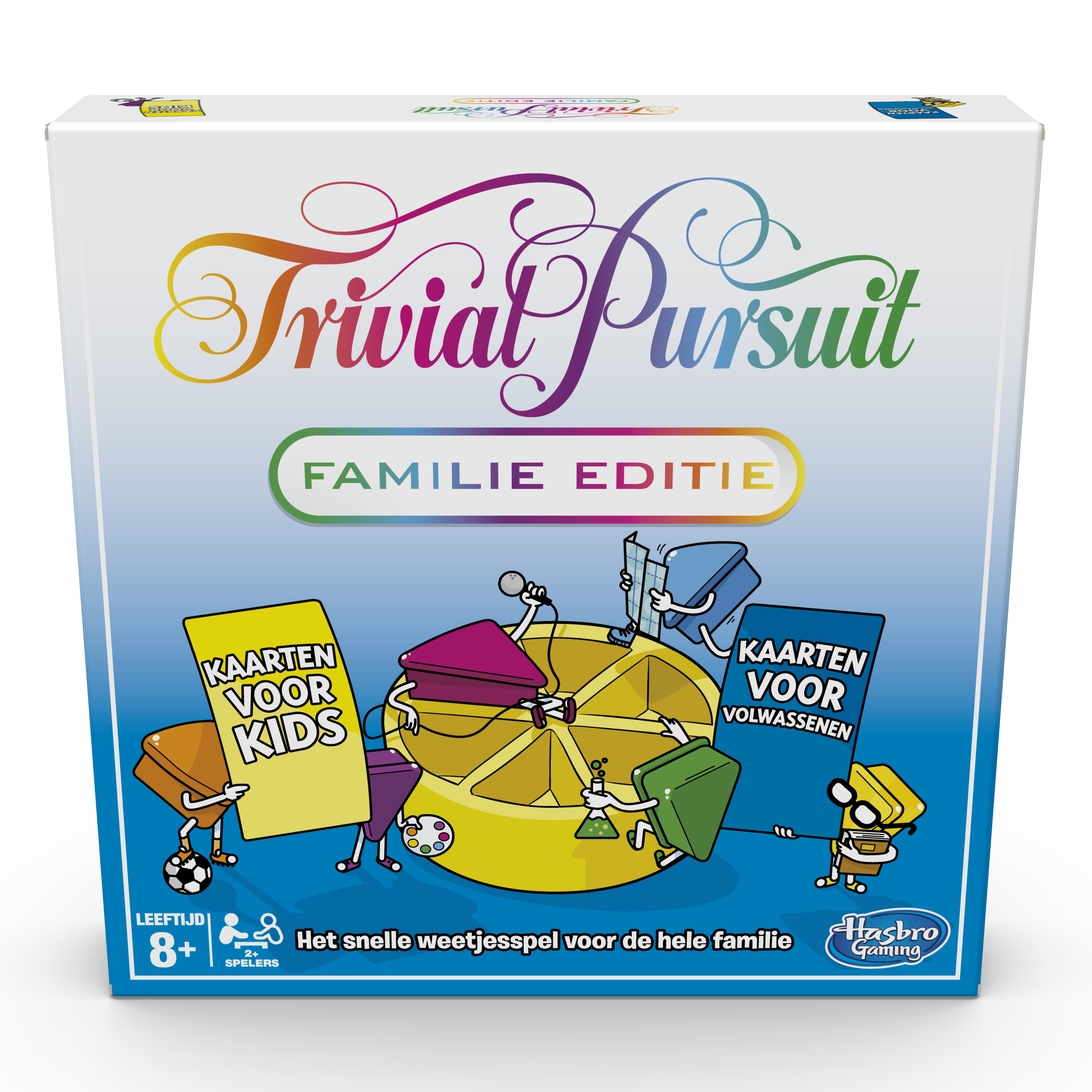 Boîte de jeu Trivial Pursuit Family Edition avec texte coloré et illustrations de dessins animés.