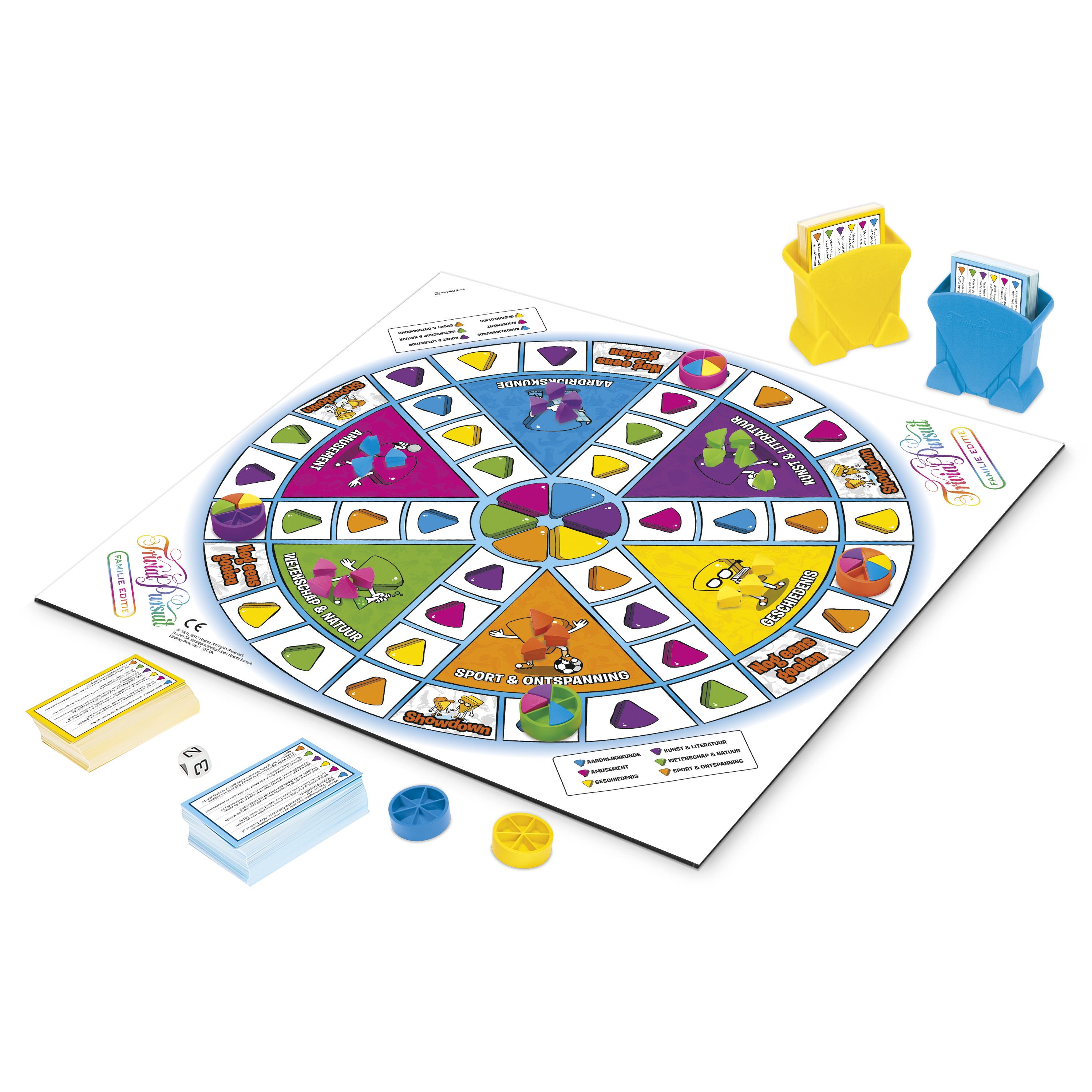 Plateau de jeu Trivial Pursuit avec des sections en forme de tarte et des pièces de jeu colorées.