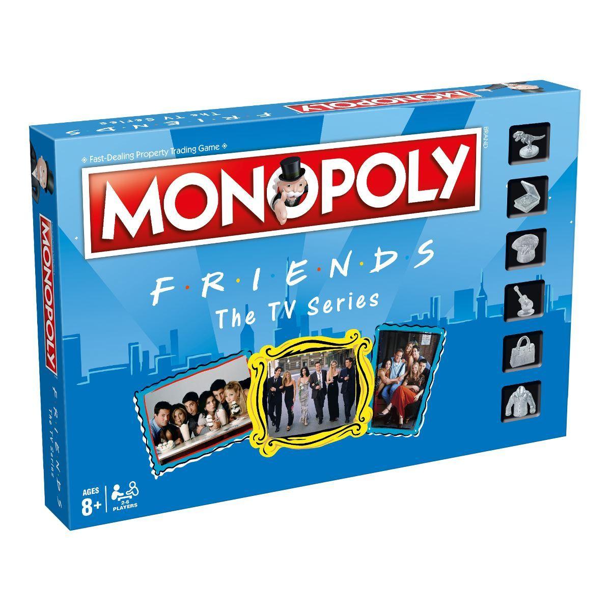 Pudełko gry planszowej Monopoly Friends The TV Series z obrazami z serialu i marką Monopoly.