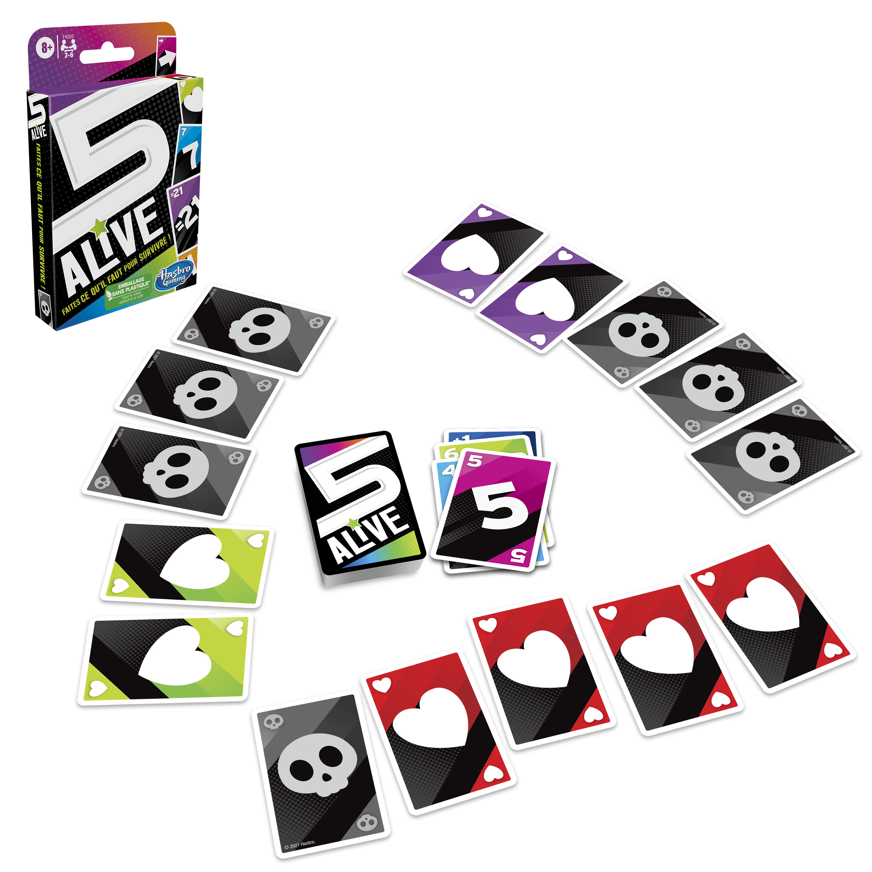 5 Alive Kartenspiel mit Karten im Kreis, einige offen, eine Box links.