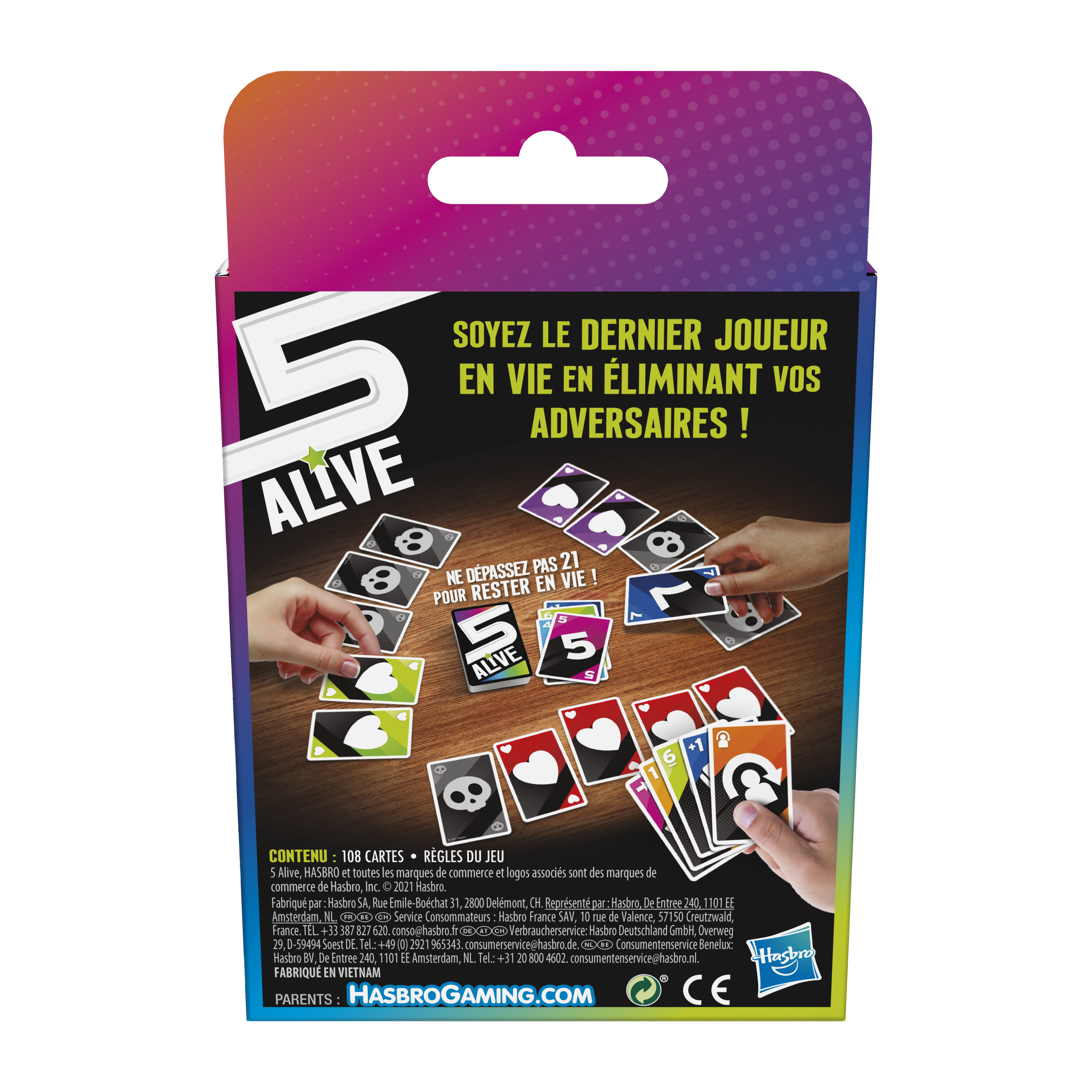 Die Rückseite einer 5 Alive-Kartenspielbox. Zeigt die Karten und Regeln. Der Text ist auf Niederländisch.