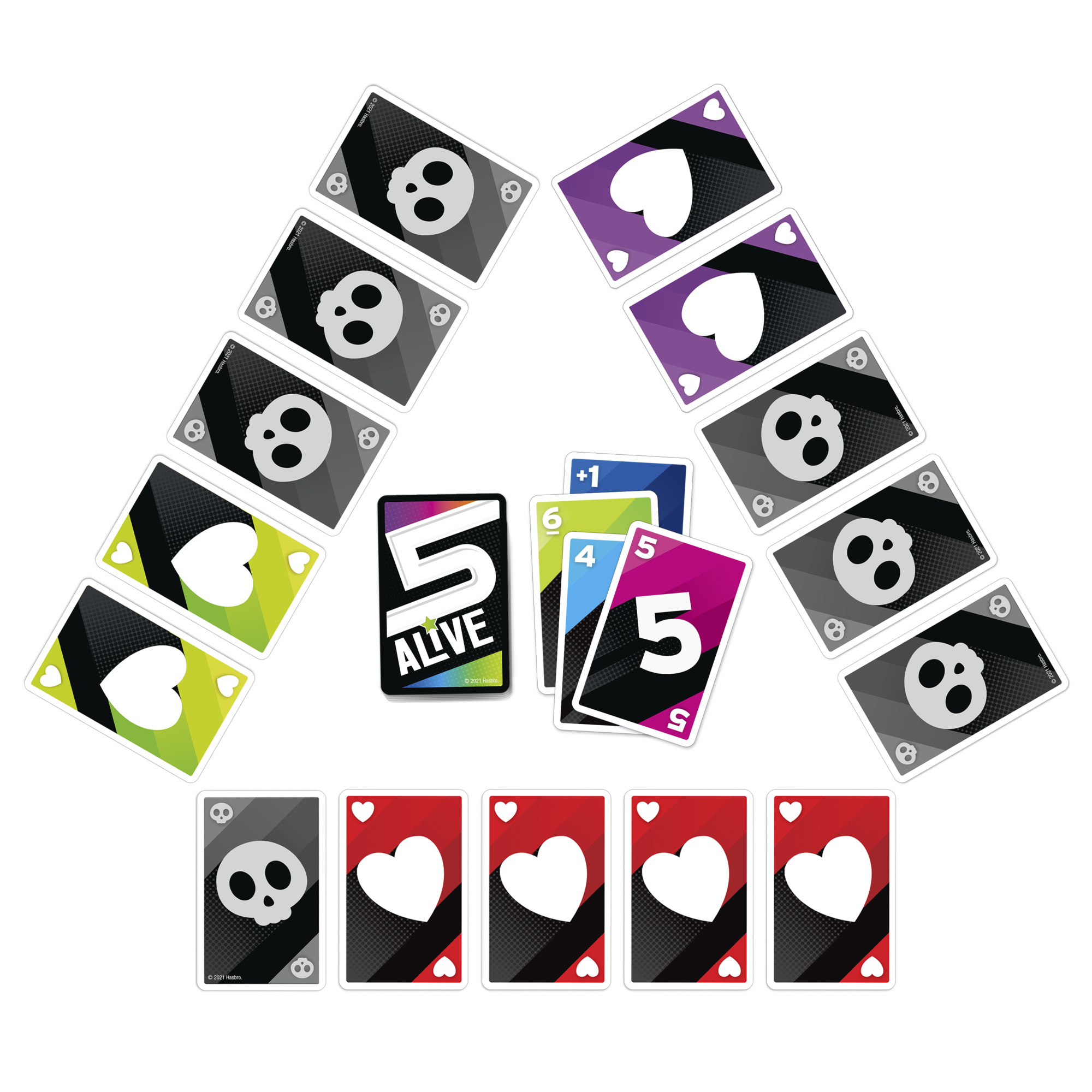 Carte con teschi, cuori e numeri disposte. Una scatola di gioco al centro.