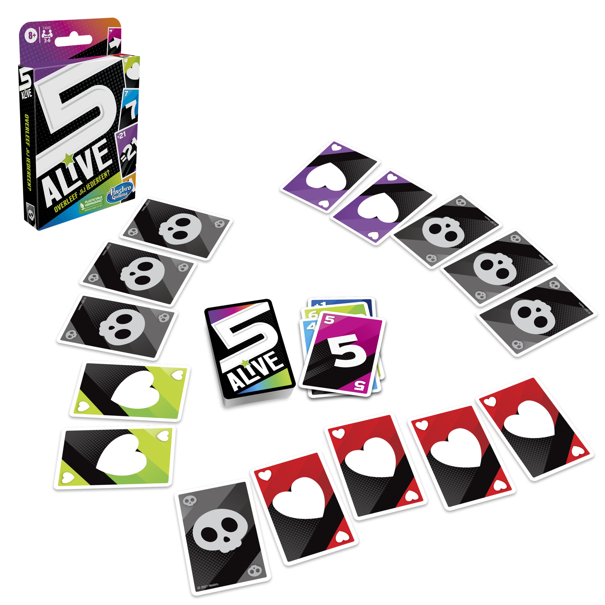 Gioco di carte 5 Alive. Le carte sono sparse. Alcune hanno teschi, cuori, il numero 5.