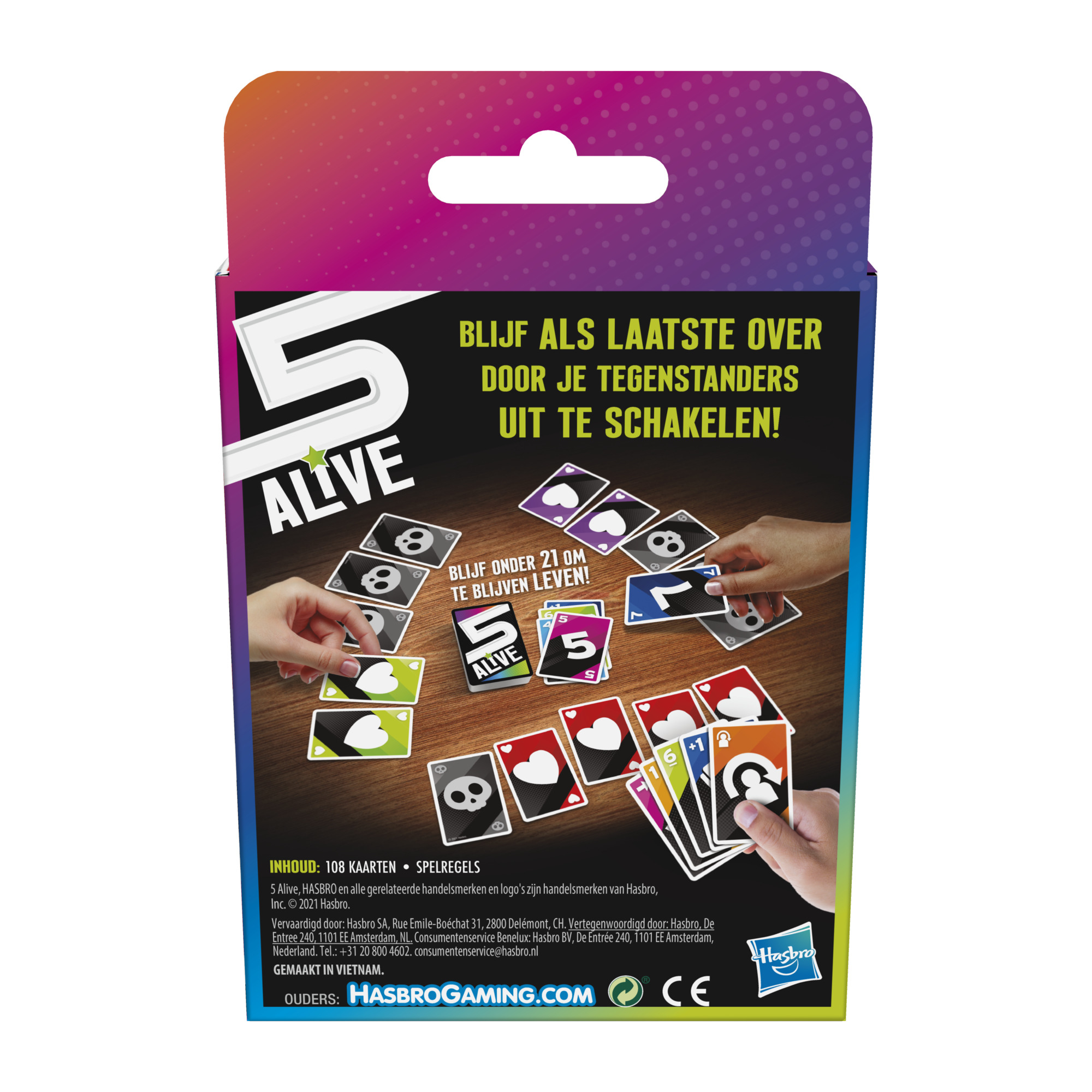 Il retro di una scatola del gioco di carte 5 Alive. Le carte sono sparse. Il testo è in olandese.