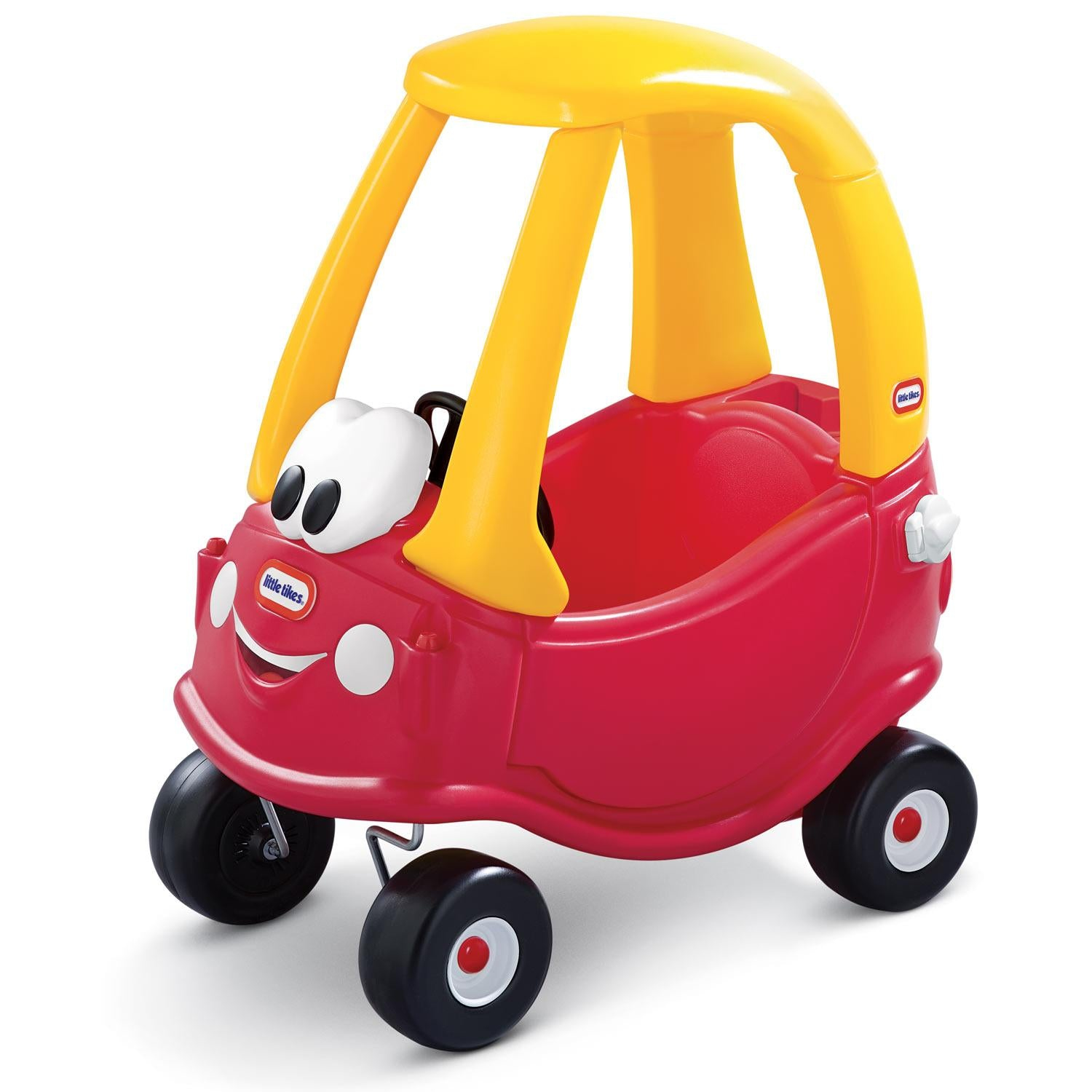 Little Tikes Cozy Coupe Spielzeugauto, roter Körper, gelbes Dach. Lächelndes Gesicht vorne. Schwarze Reifen.