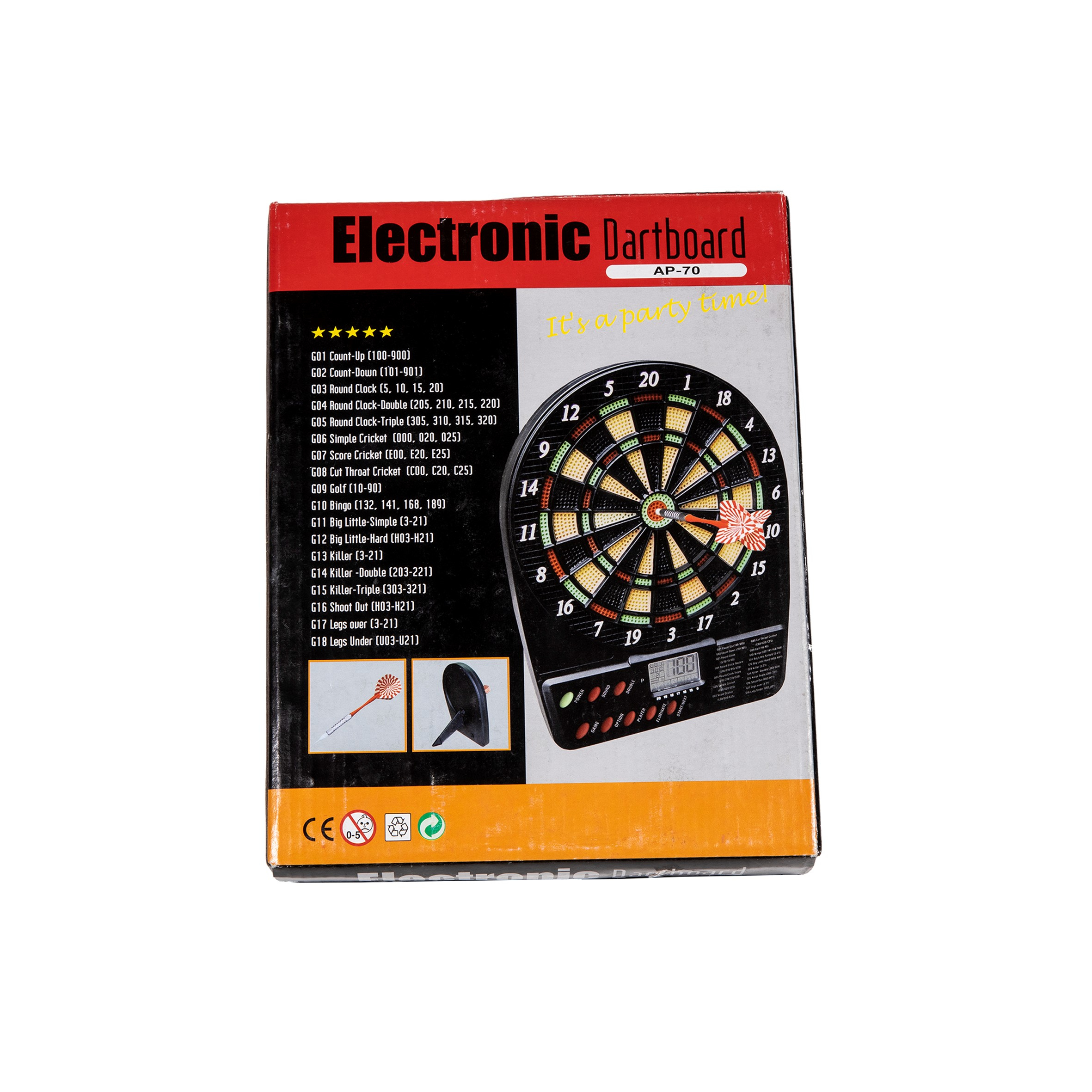 Scatola bersaglio elettronico con immagine bersaglio, centro rosso e opzioni di gioco.