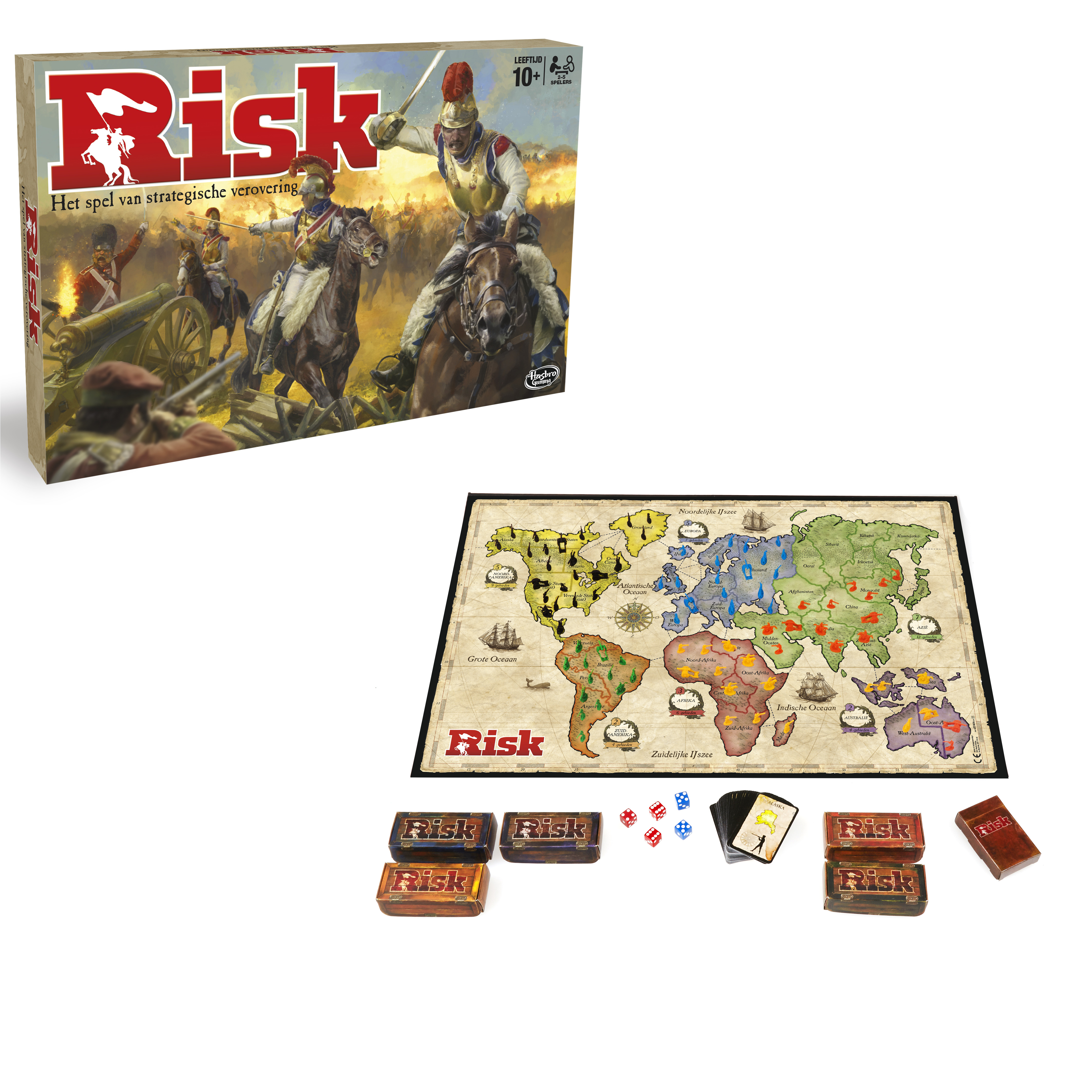 Una scatola e un tabellone di gioco Risk sono esposti insieme. Il tabellone mostra una mappa del mondo, con pezzi e dadi disposti.