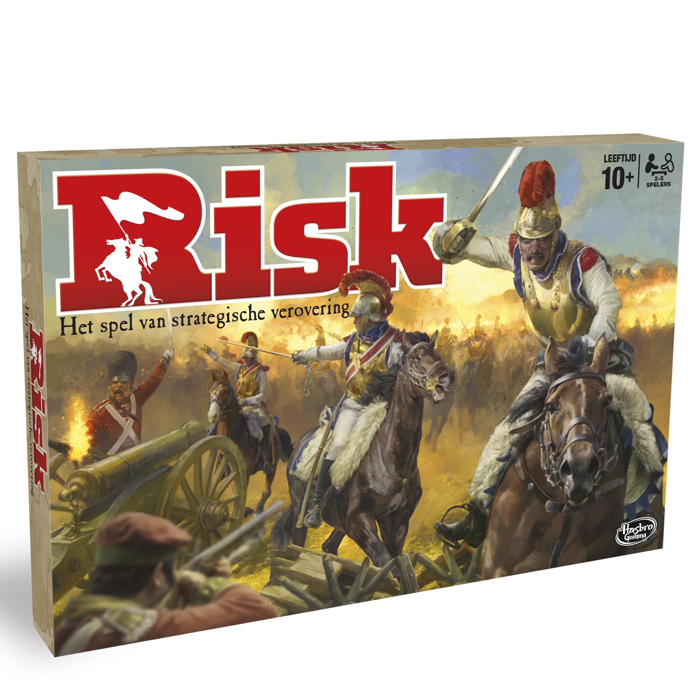 La scatola del gioco Risk raffigura una scena di battaglia storica con soldati a cavallo, cannoni e una grande bandiera.