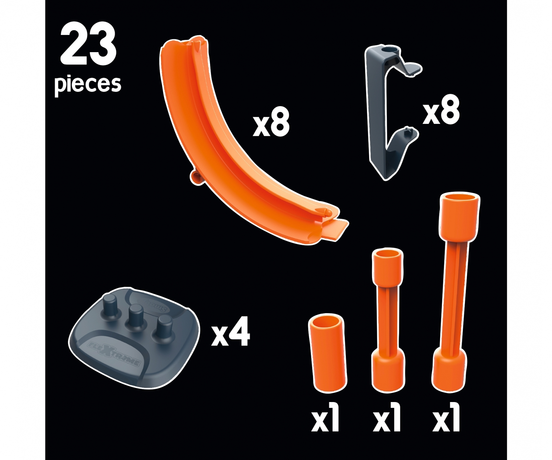 Pomarańczowe elementy toru, czarne klipsy i szara podstawa. 23 elementy na czarnym tle.