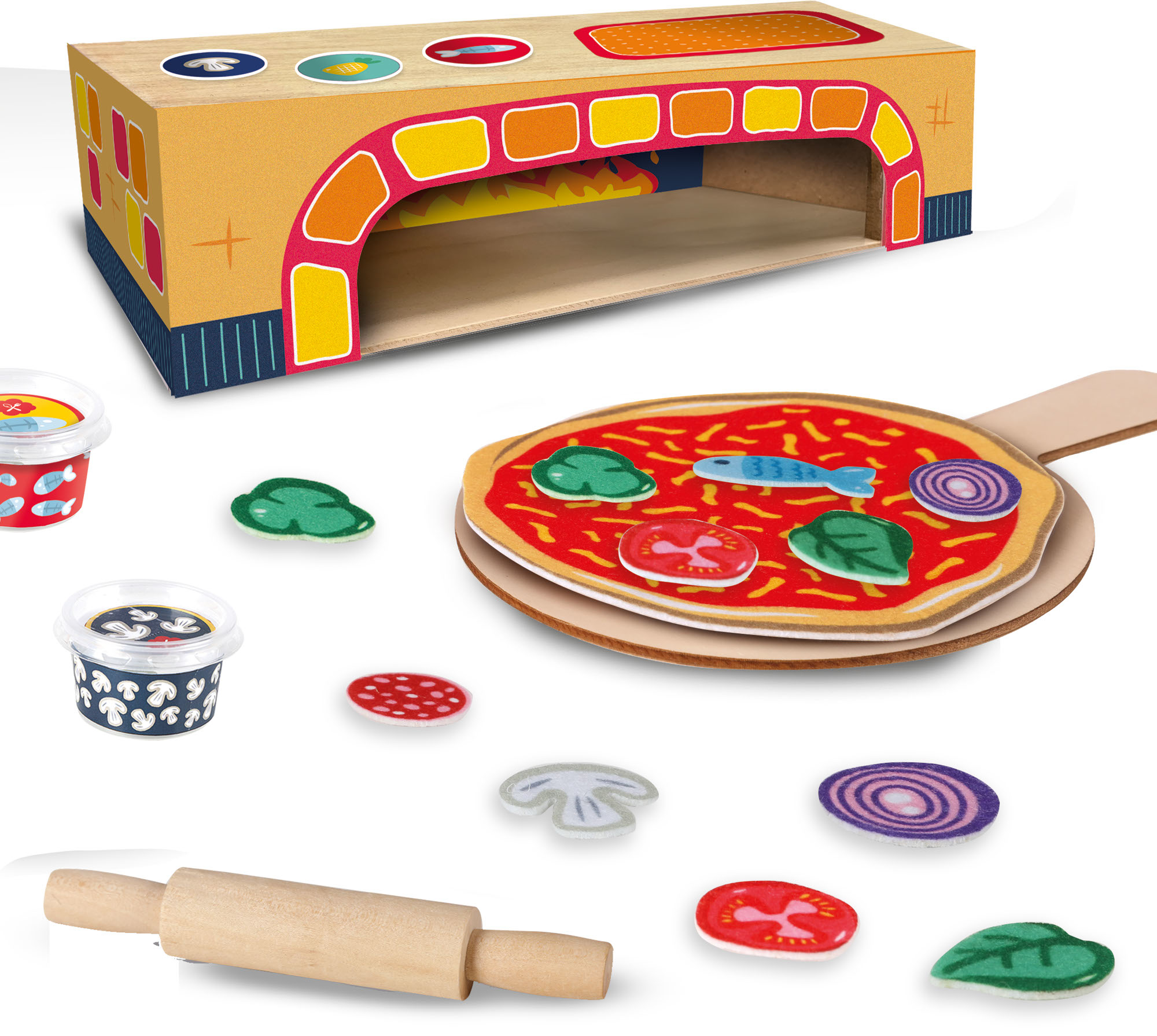 Ein Pizza-Spielzeugset mit einem Holzofen, Pizza und Zutaten. Enthält eine Teigrolle und Knete.