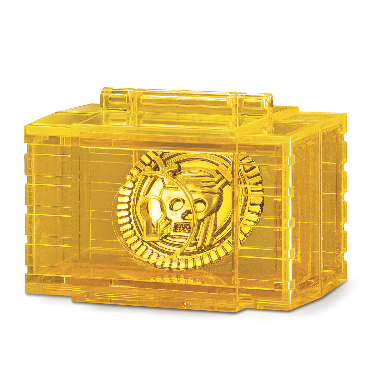 Une boîte jaune transparente avec une pièce de crâne dorée à l'intérieur, sur fond blanc.