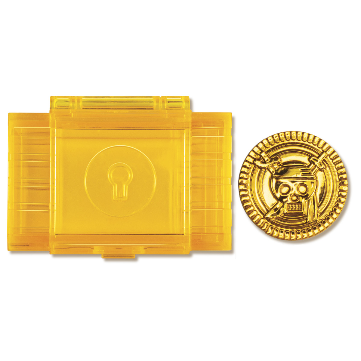Pièces de puzzle jaunes et une pièce d'or avec tête de mort et os croisés.