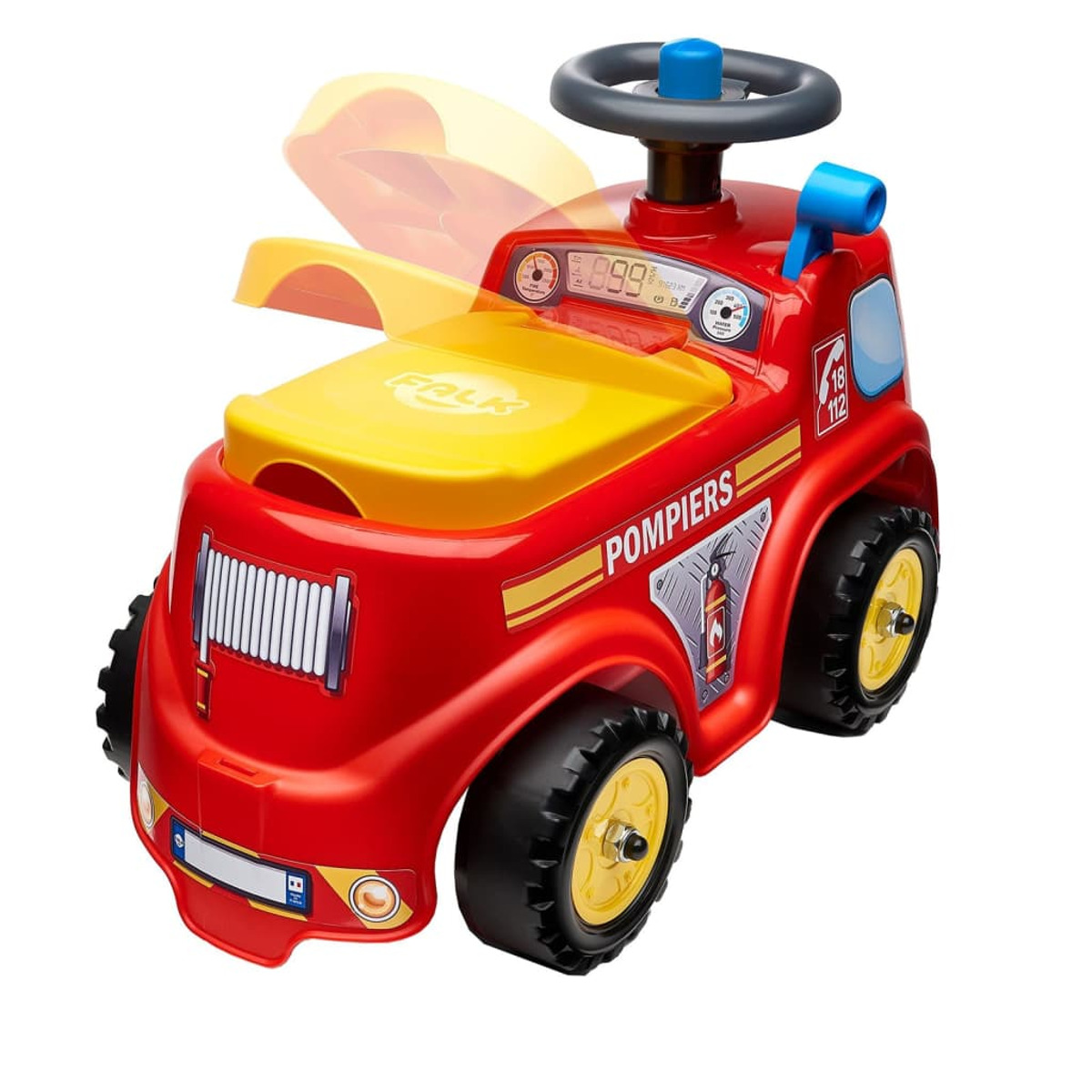 Autobotte giocattolo rossa con dettagli gialli e la scritta 'Pompiers'.