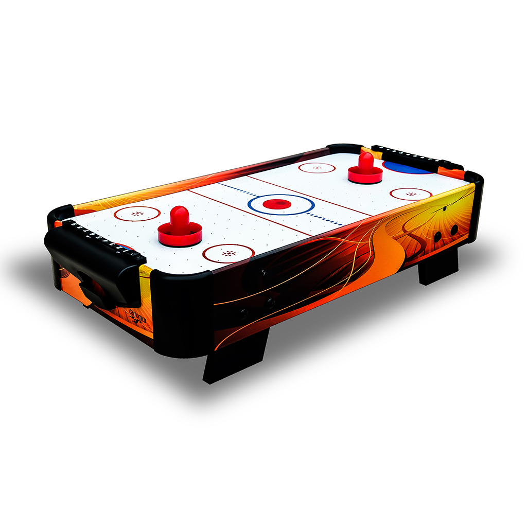 Tavolo da air hockey: cornice nera, superficie bianca con dischi rossi. Design arancione e giallo sui bordi.