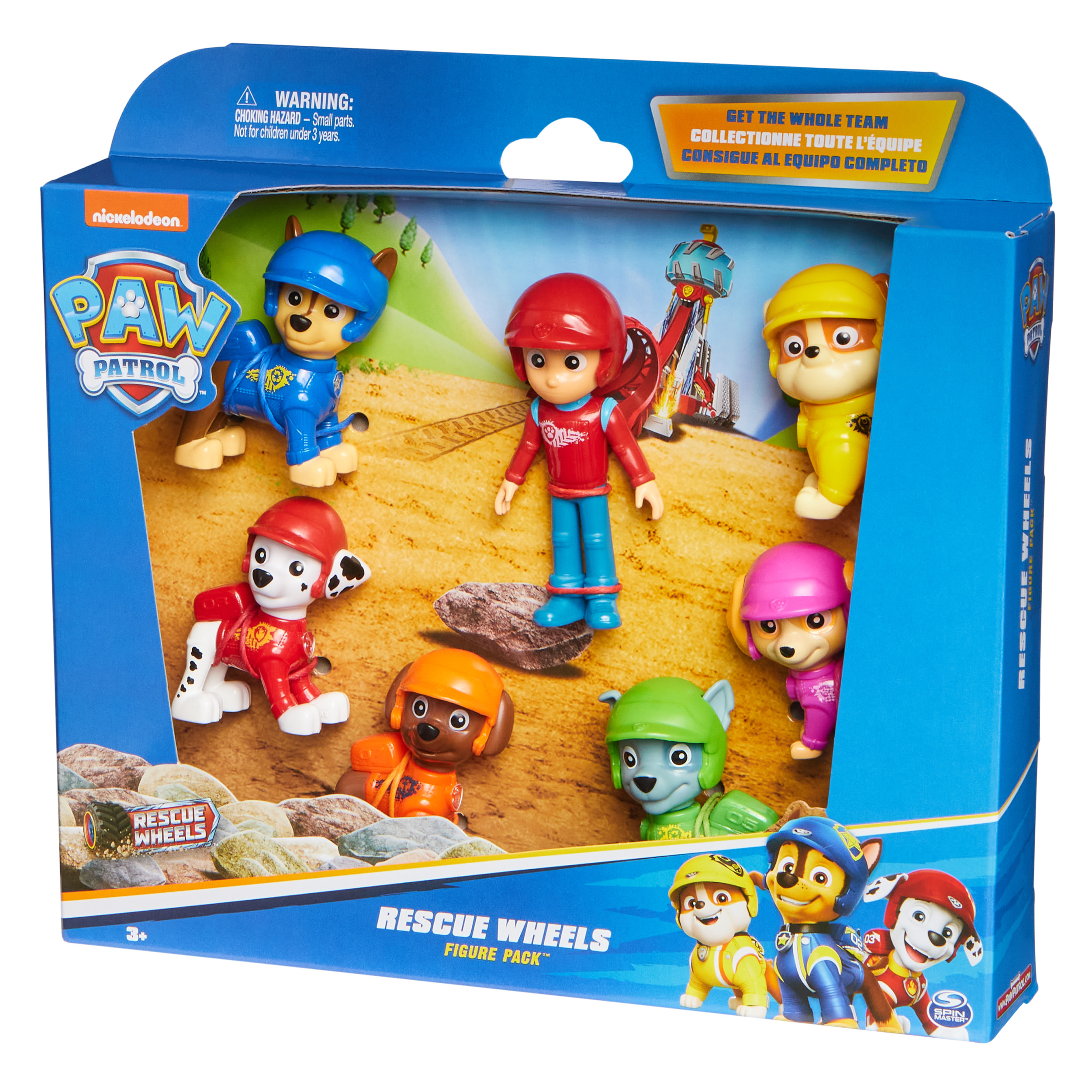 Zestaw zabawek Paw Patrol Rescue Wheels w pudełku z figurkami postaci i pojazdem.