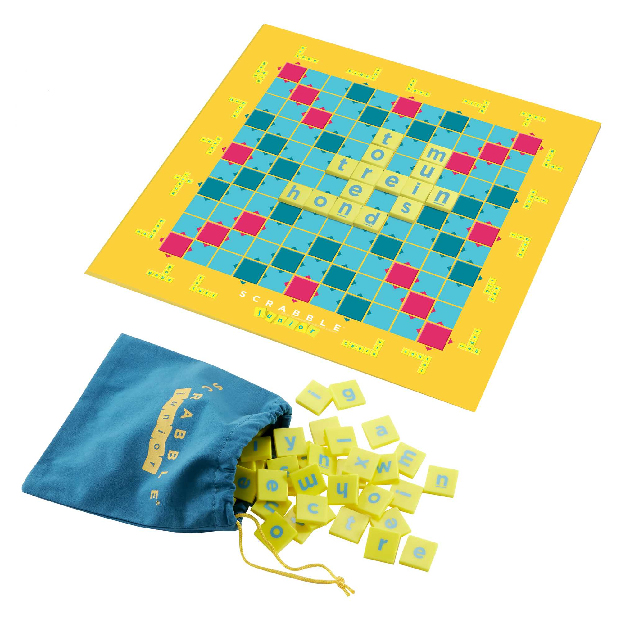 Gioco Scrabble Junior. Tabellone giallo con lettere. Borsa blu con lettere. Sfondo bianco.