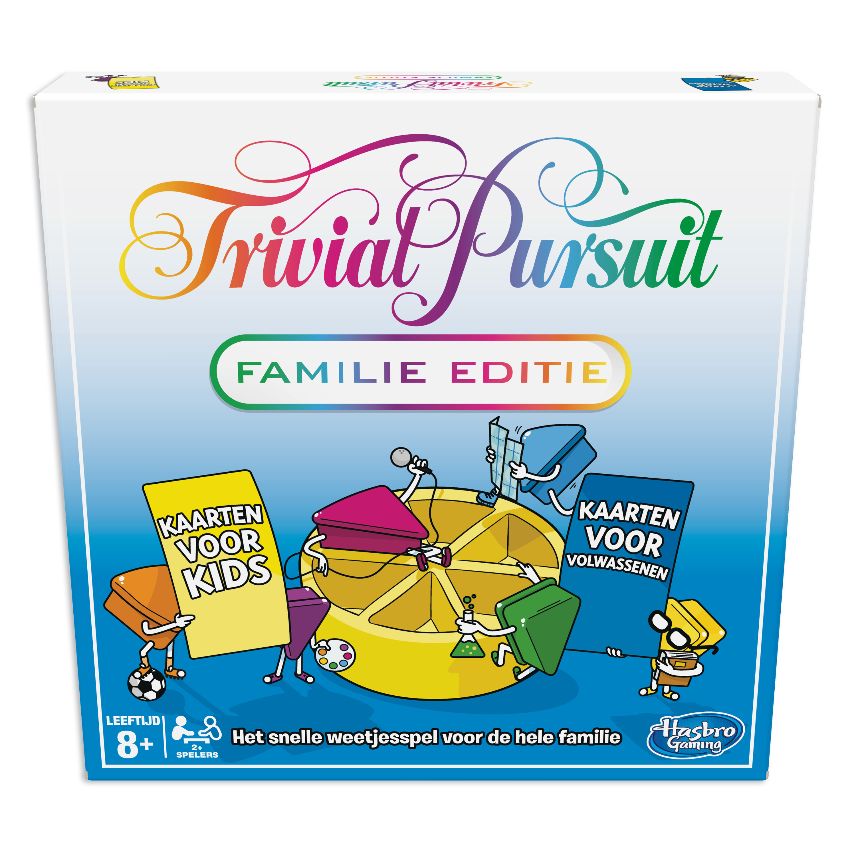 Trivial Pursuit bordspeldoos, met een kleurrijk ontwerp. Toont spelelementen en de titel van de familie-editie.