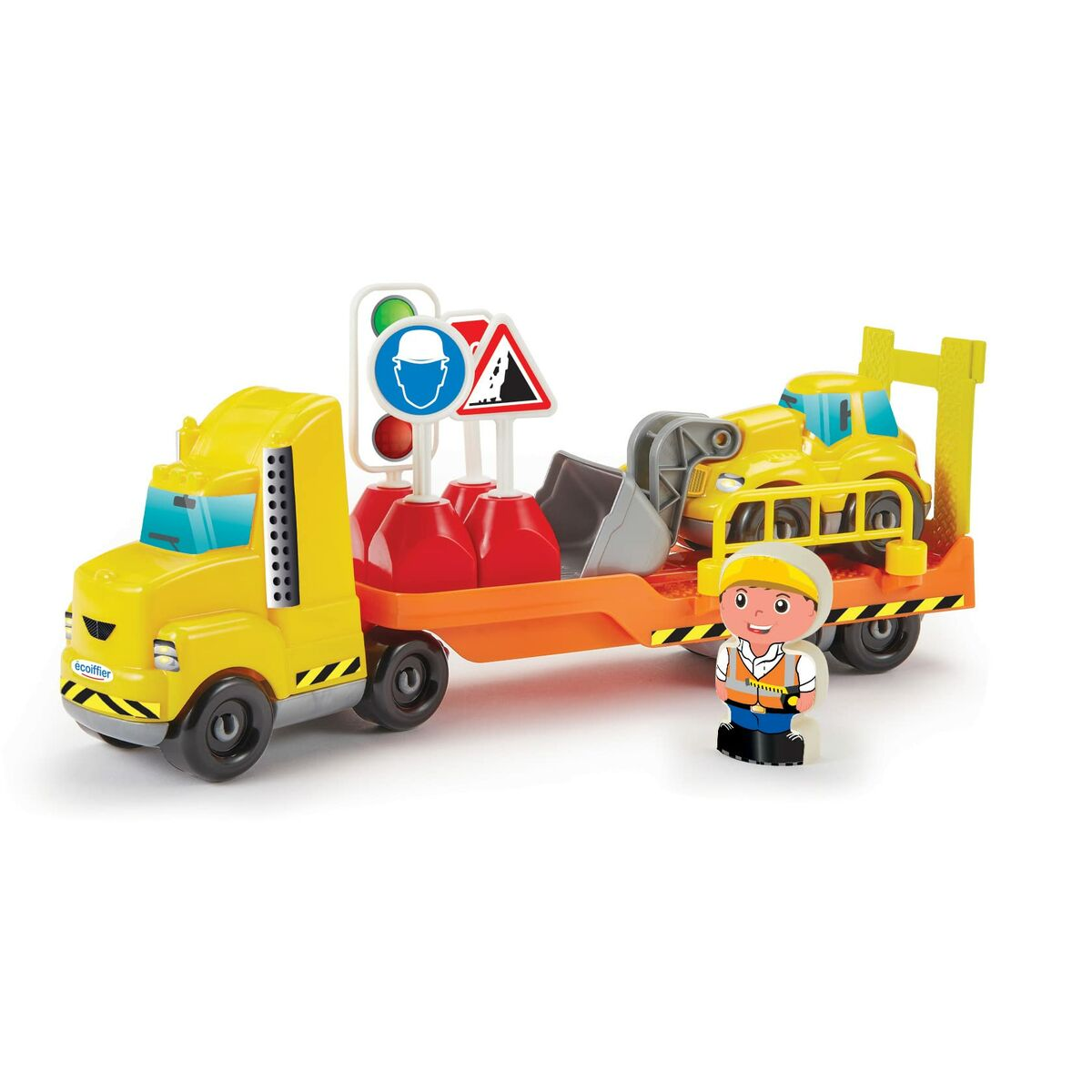 Żółta zabawka ciężarówka ze znakami budowy i figurką robotnika niosącego żółtą koparkę.