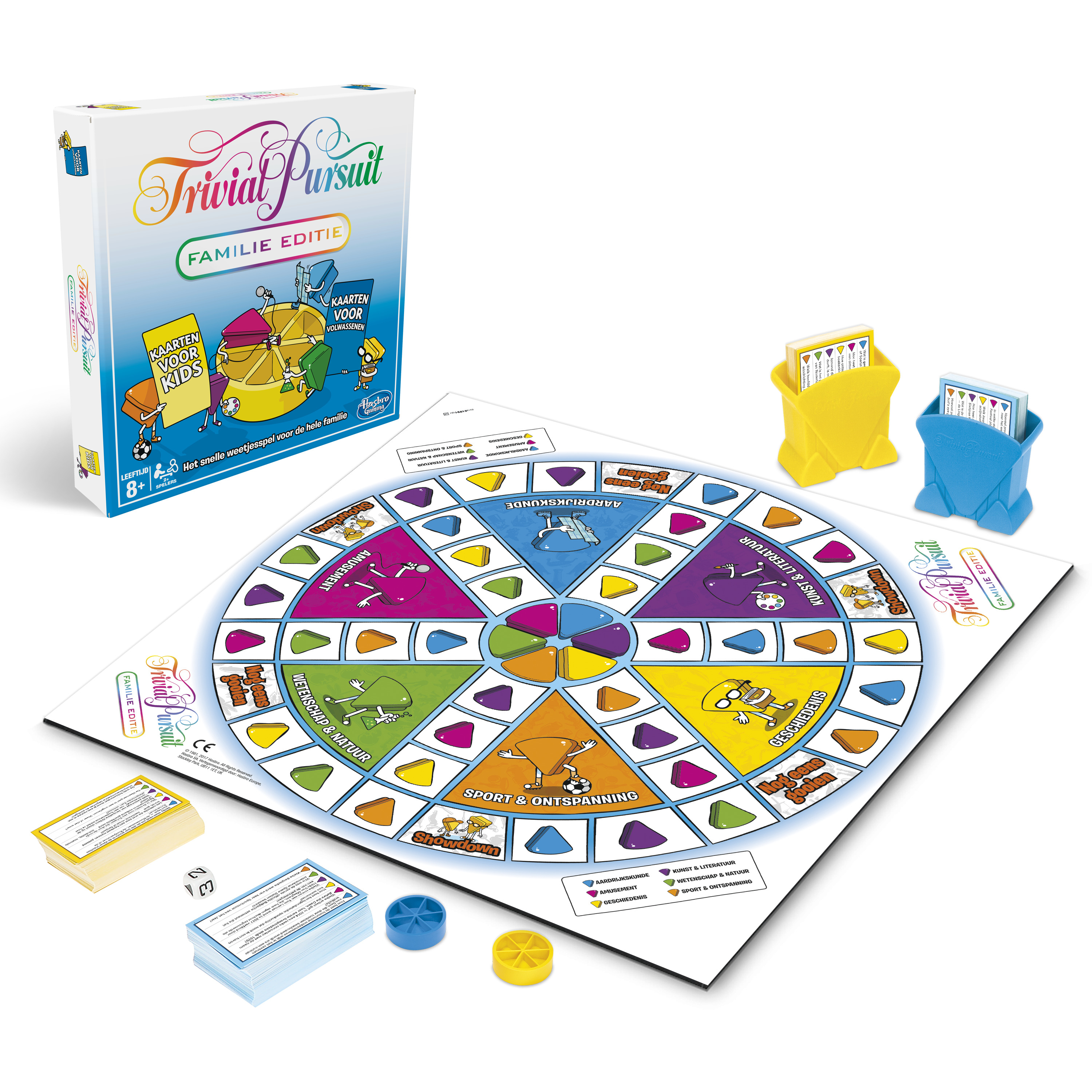 Trivial Pursuit speldoos, bord, kaarten en speelstukken op witte ondergrond. Kleurrijk ontwerp.