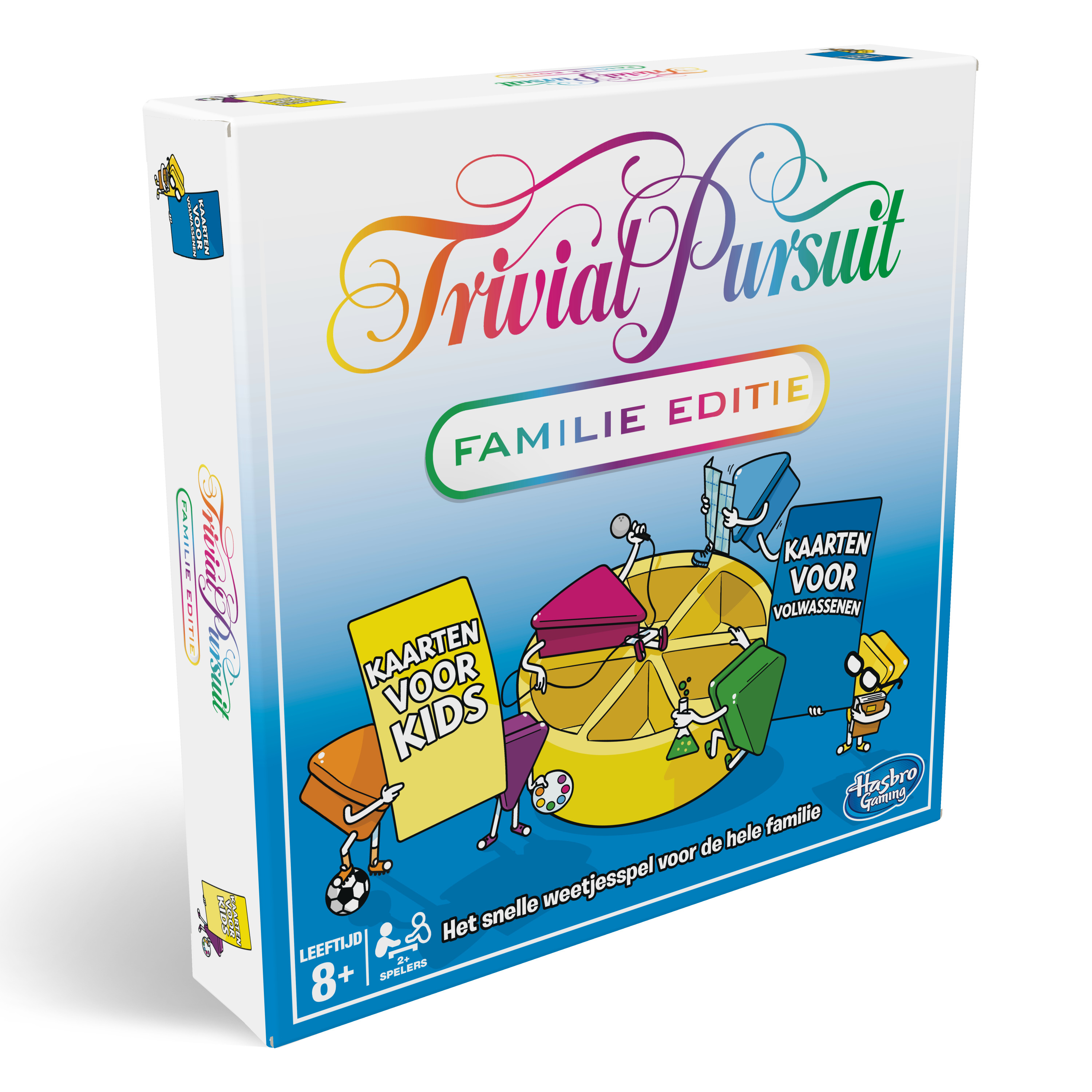 Doos van Trivial Pursuit familie editie spel met spelbord, kaarten en instructies.