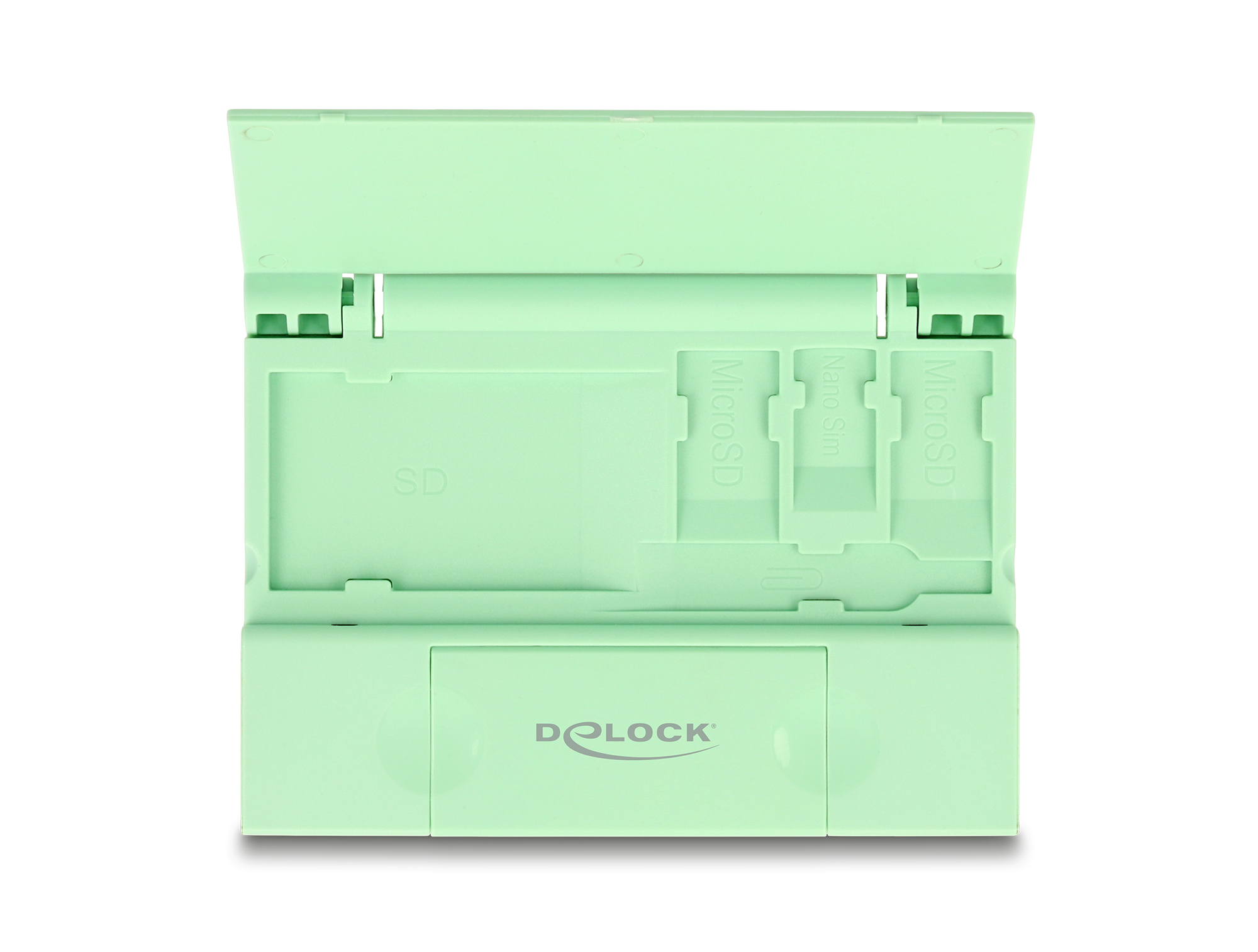 Miętowy czytnik kart z gniazdami pamięci, oznaczonymi SD, MicroSD i Nano Sim.