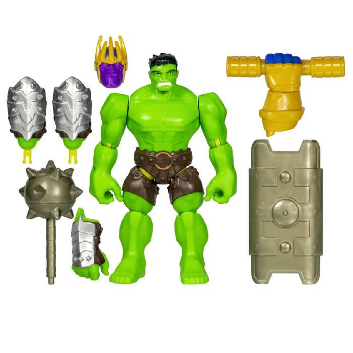 Juguete de Hulk con accesorios. El juguete es verde y musculoso, con una expresión seria. Otros artículos son visibles.