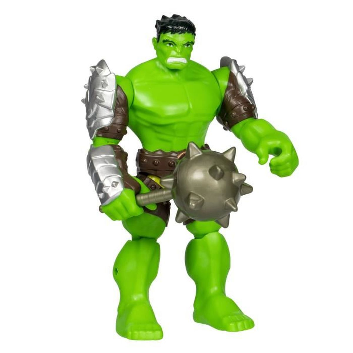 Figura de acción de Hulk con accesorios. La figura es verde y musculosa, sosteniendo un garrote con púas. Fondo blanco.