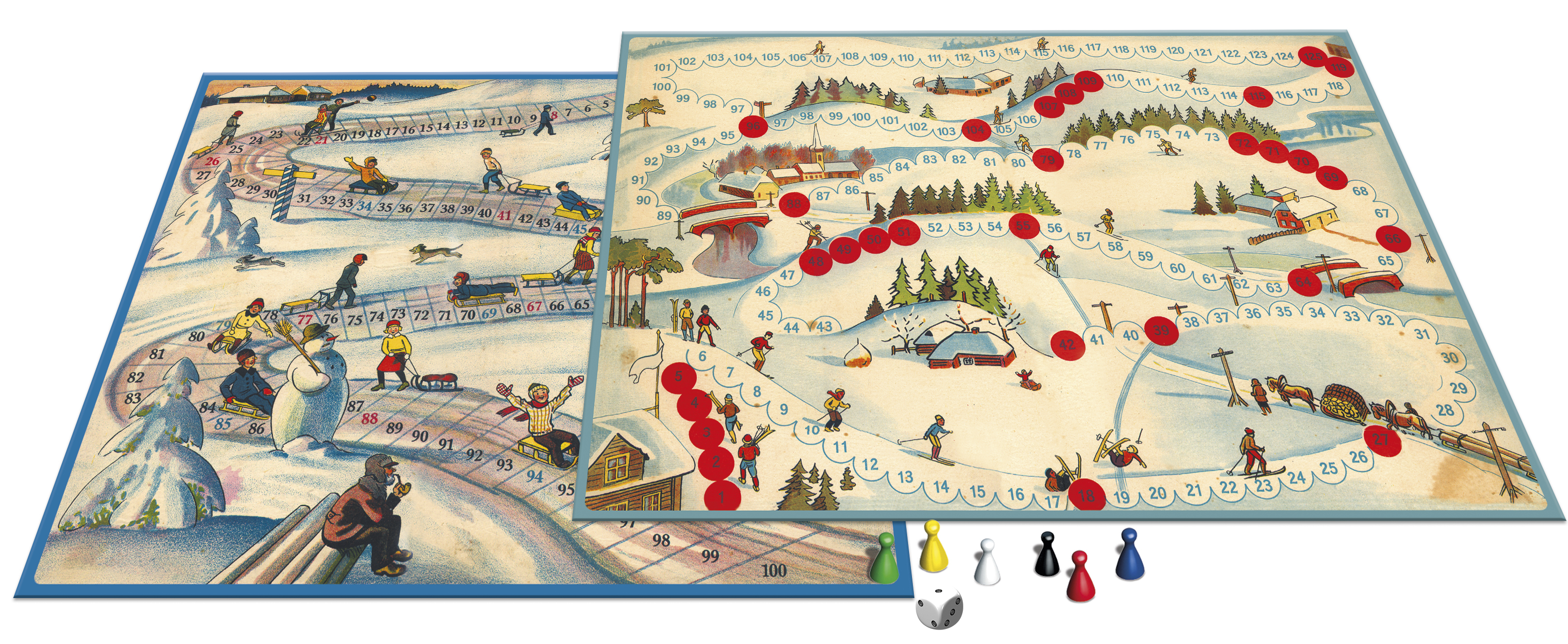 Bordspel met winters tafereel, pionnen, dobbelstenen en rode markers.