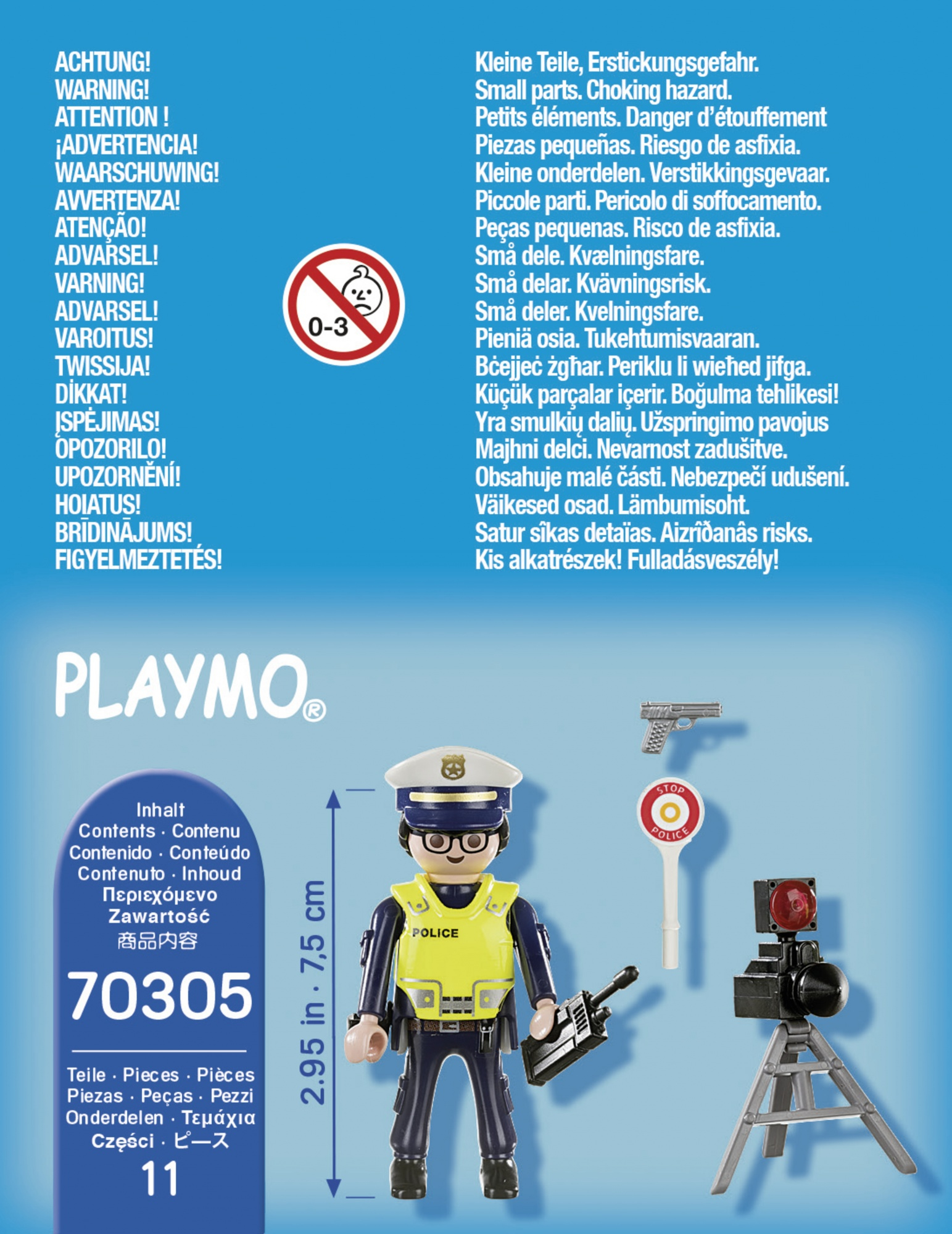 Pudełko Playmobil z policjantem, fotoradarem i akcesoriami. Zawiera etykiety ostrzegawcze.
