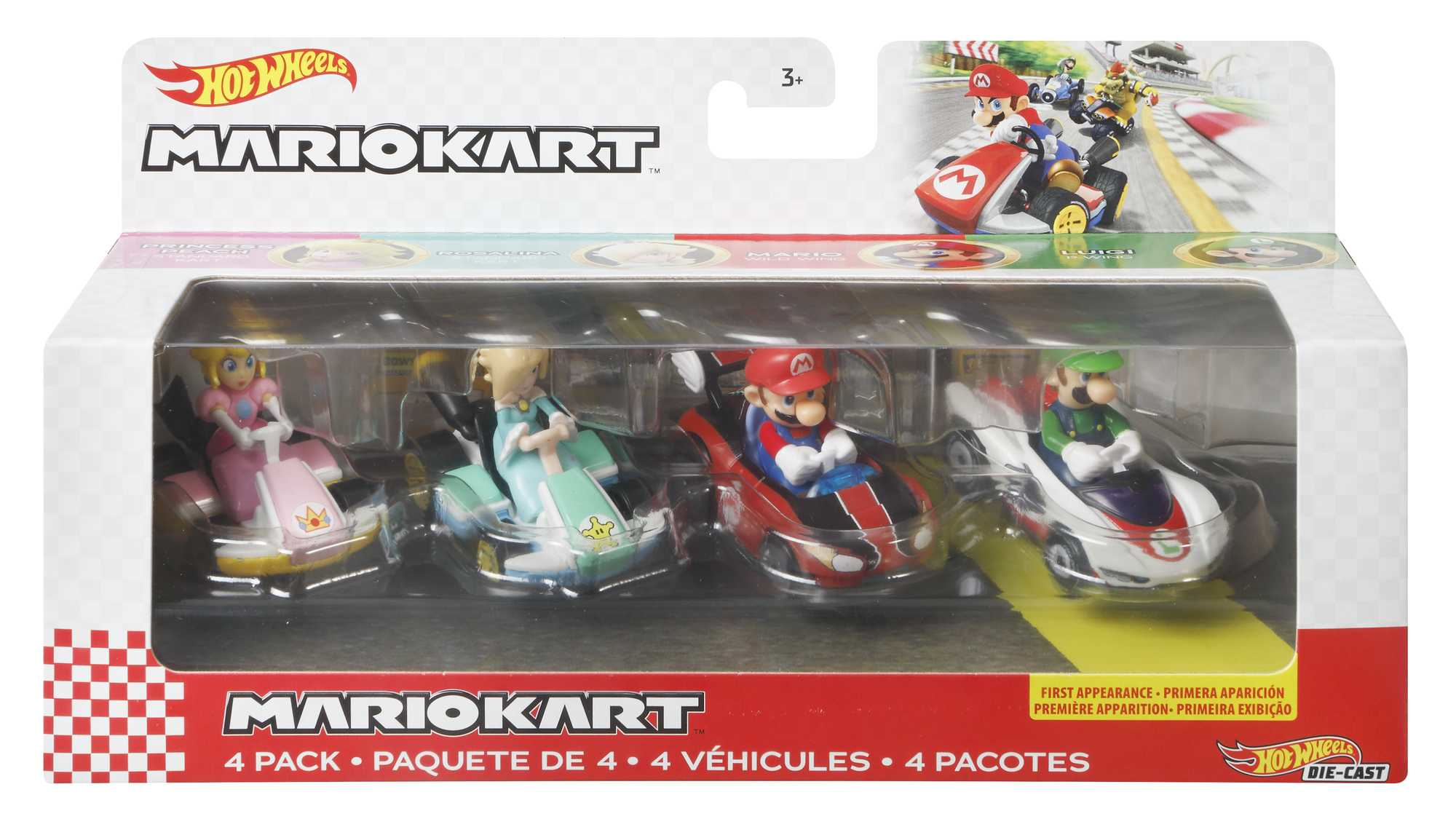 Eine Packung Hot Wheels Mario Kart Spielzeugautos. Enthält Mario, Luigi, Peach und Rosalina Charaktere.