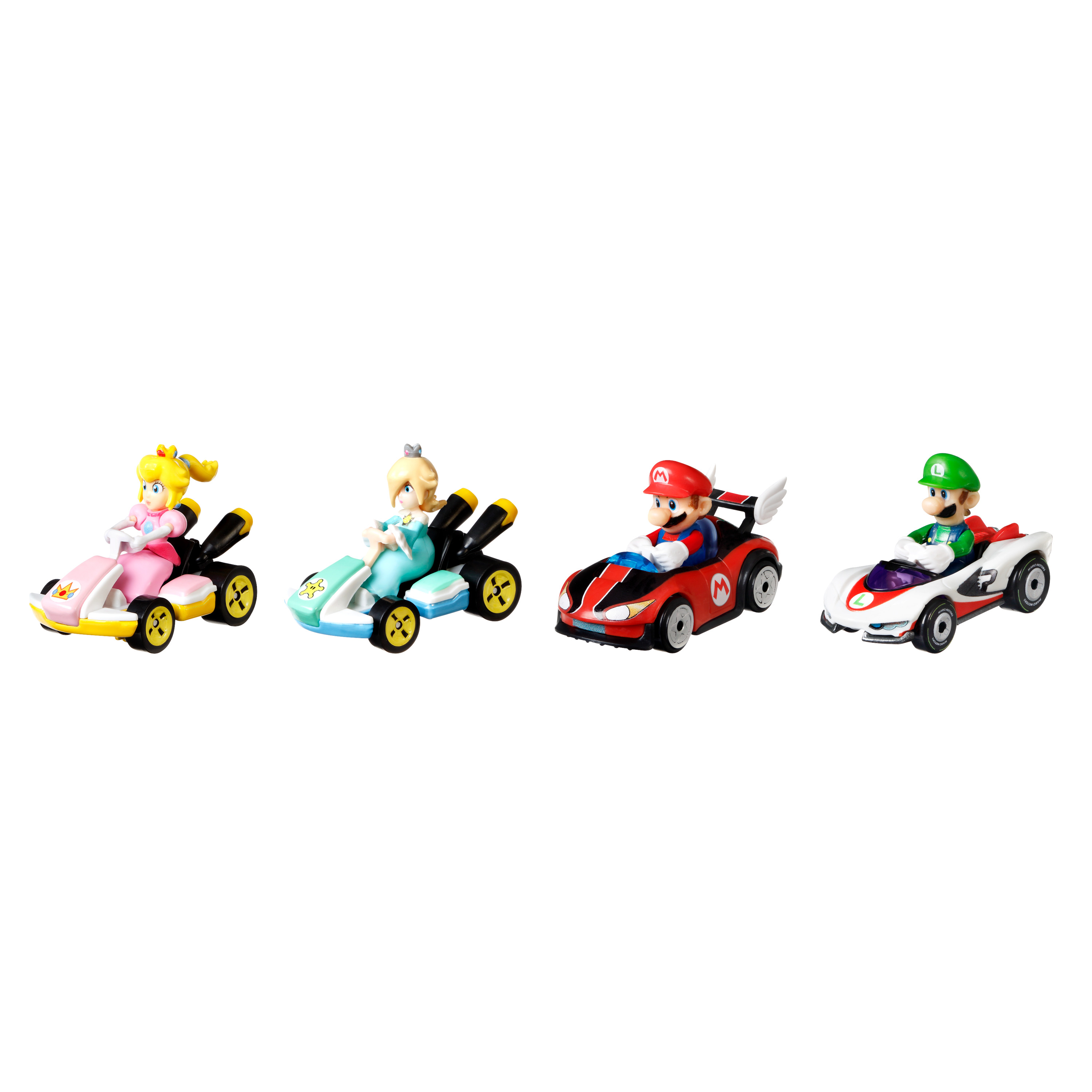 Vier Mario Kart Charaktere: Peach, Rosalina, Mario und Luigi, jeder in seinem Kart.