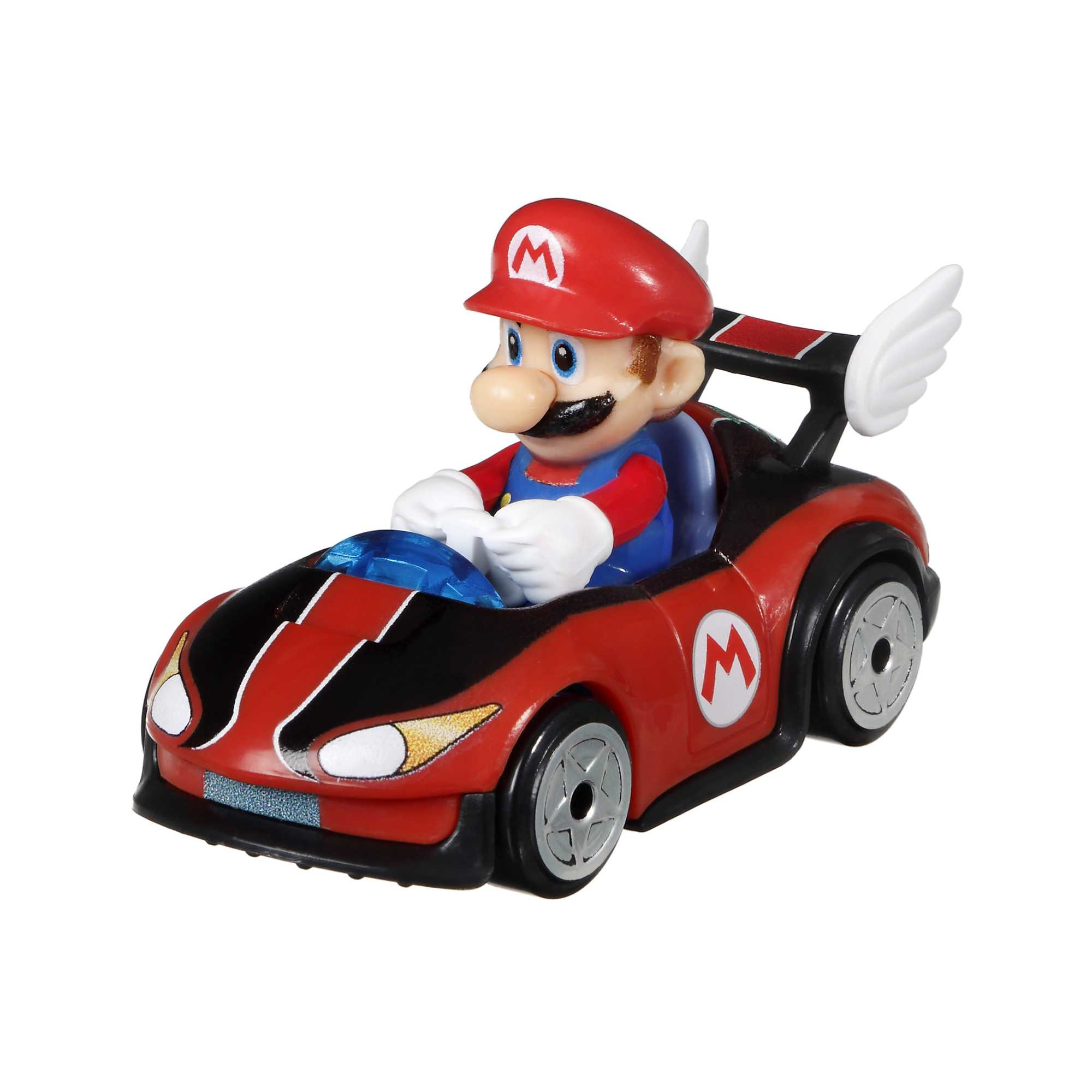 Mario in einem roten Rennwagen mit weißen Flügeln. Das Auto ist rot und schwarz mit einem weißen M.
