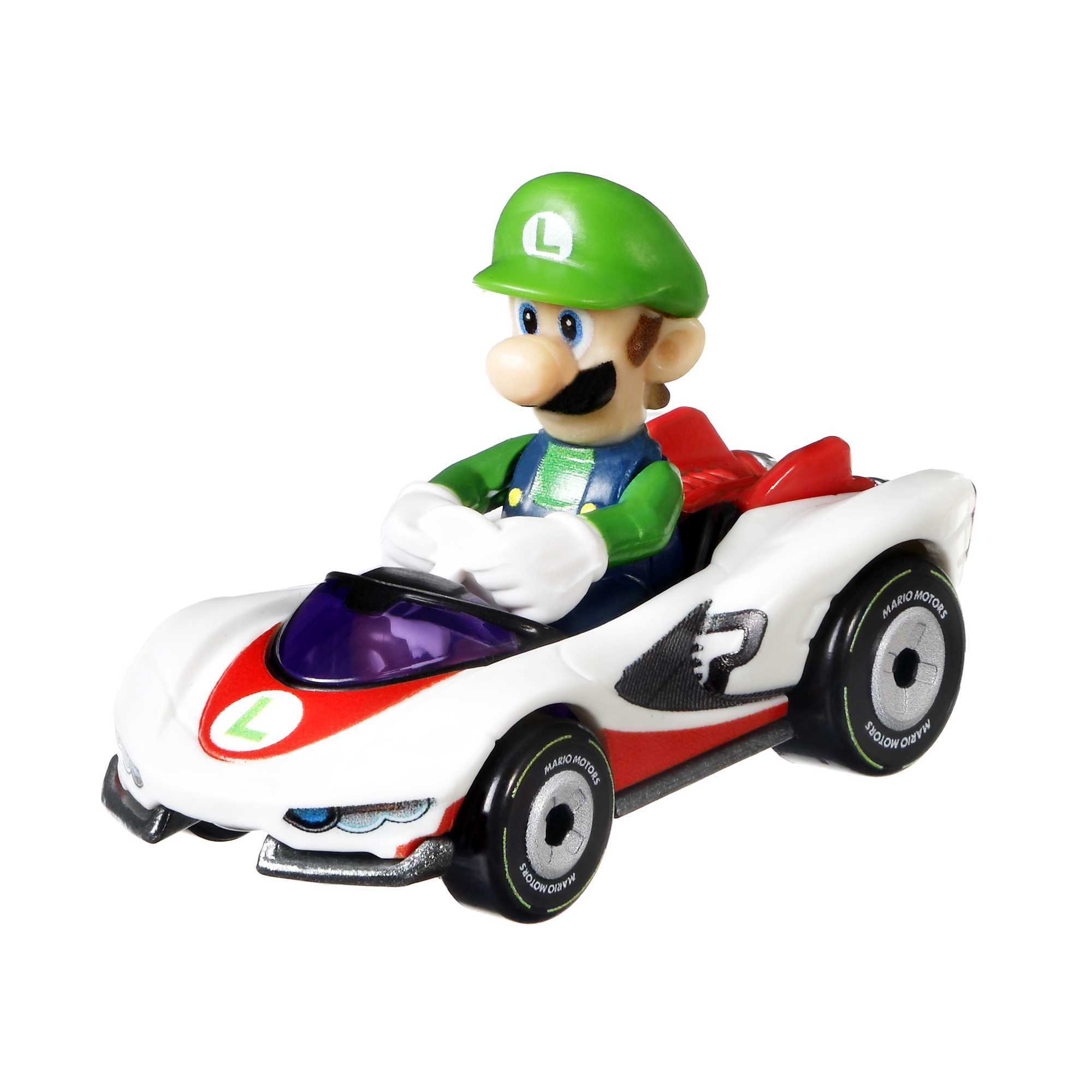 Ein Spielzeugauto von Luigi aus Mario Kart. Luigi sitzt im Auto. Weißes und rotes Farbschema.