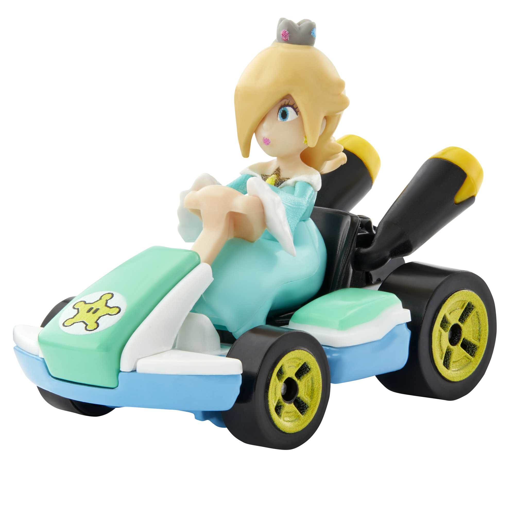 Rosalina in einem hellblauen Kart. Das Kart ist blau, grün und gelb mit schwarzem Auspuff.