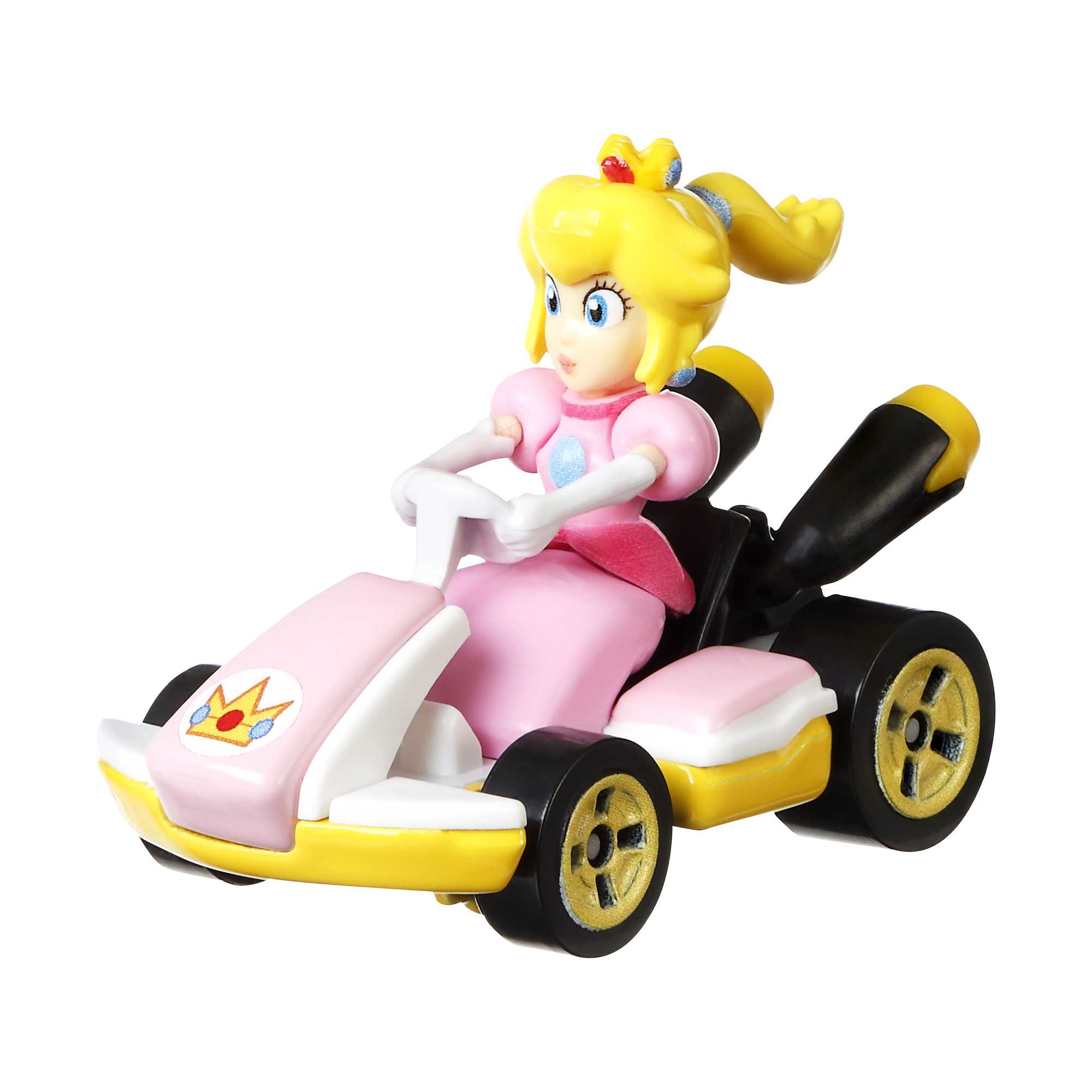 Prinzessin Peach in einem rosa Kart. Das Kart ist rosa, weiß und gelb mit schwarzem Auspuff.