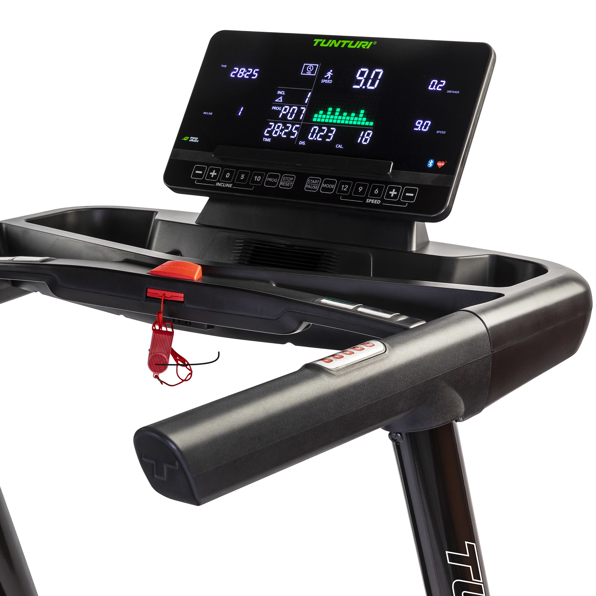 Loopband met display met snelheid en andere trainingsgegevens. Zwart en grijs ontwerp.