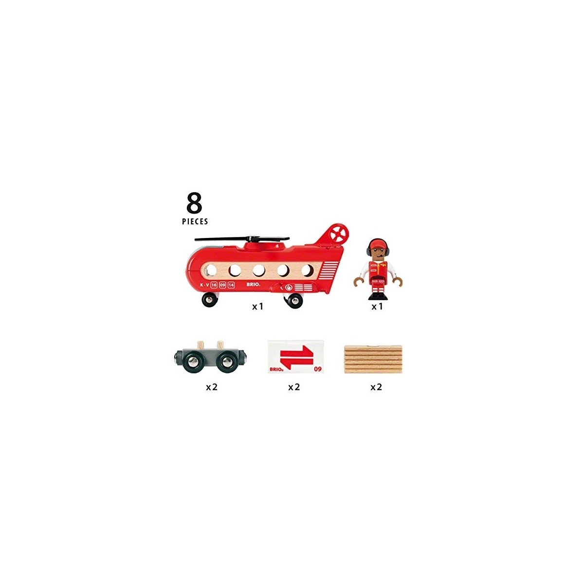 Drewniany zestaw helikoptera z 8 elementami. Zawiera helikopter, figurkę pilota, wagony i tory.