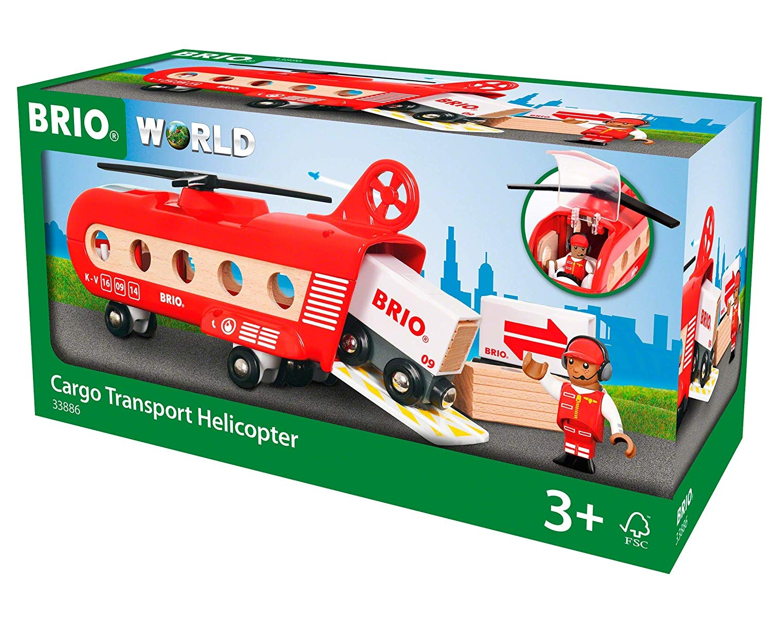 Helikopter towarowy Brio z wagonem w środku. Obok stoi figurka zabawki.