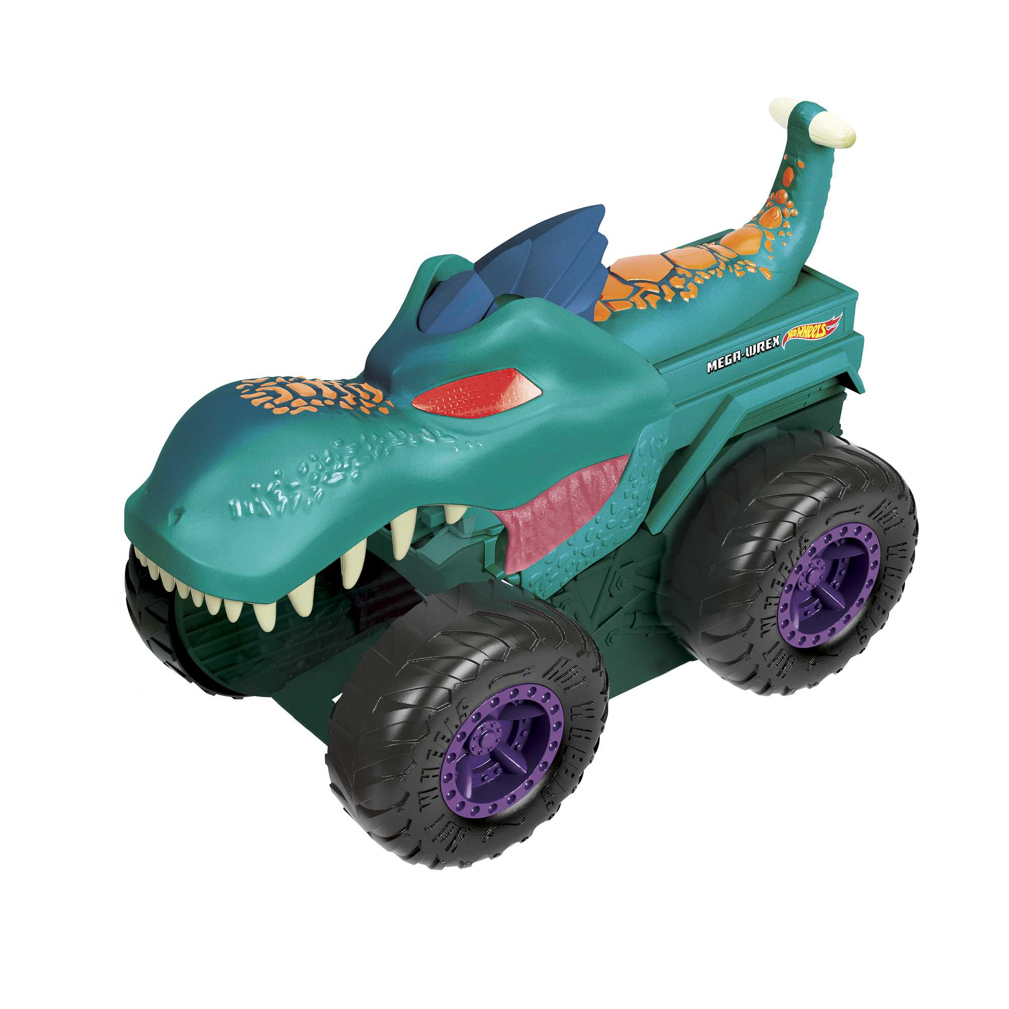 Zielona zabawka Hot Wheels monster truck, z motywem głowy smoka i fioletowymi kołami.
