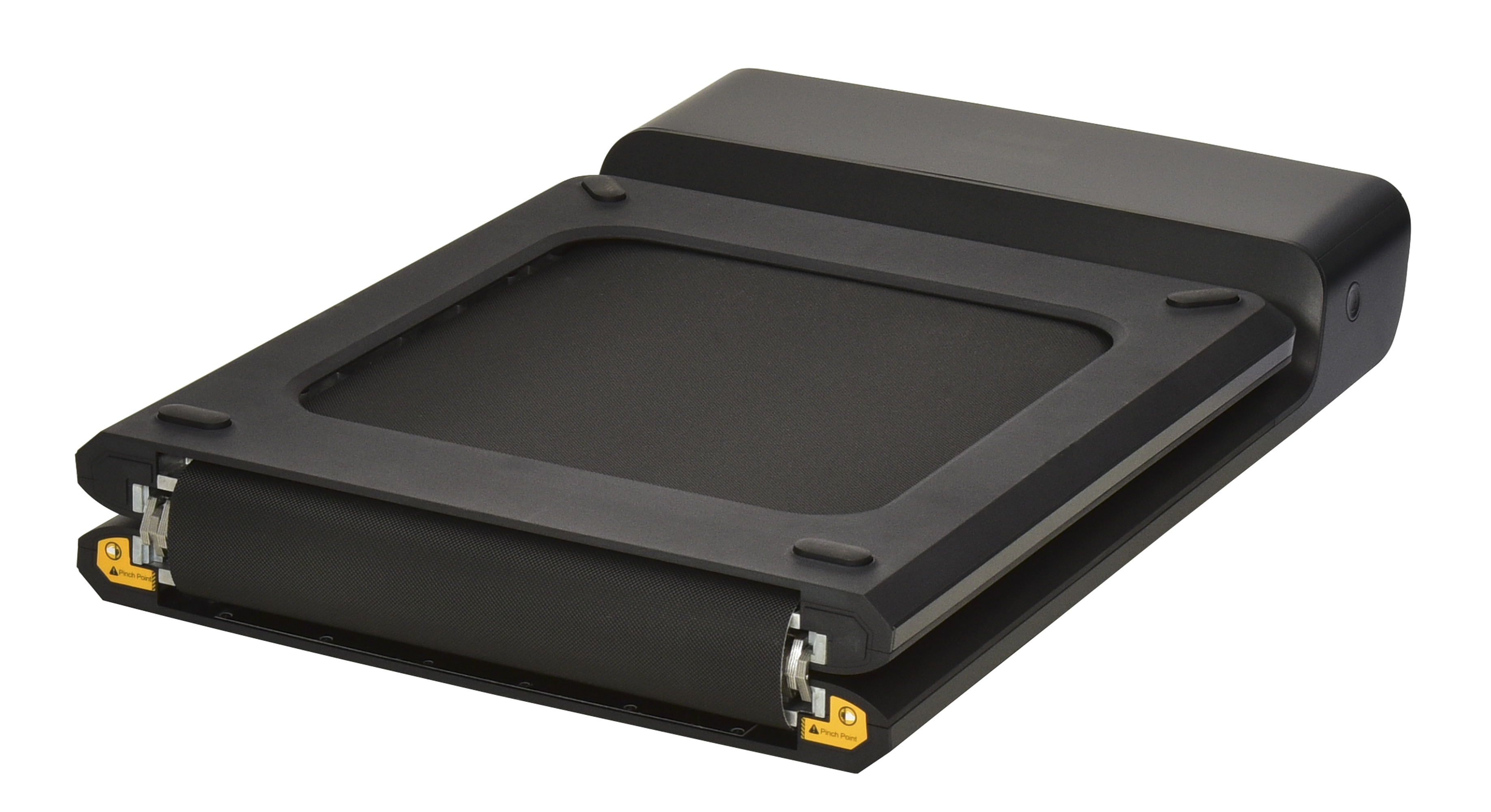 Czarna, składana bieżnia. Jest złożona i gotowa do przechowywania.