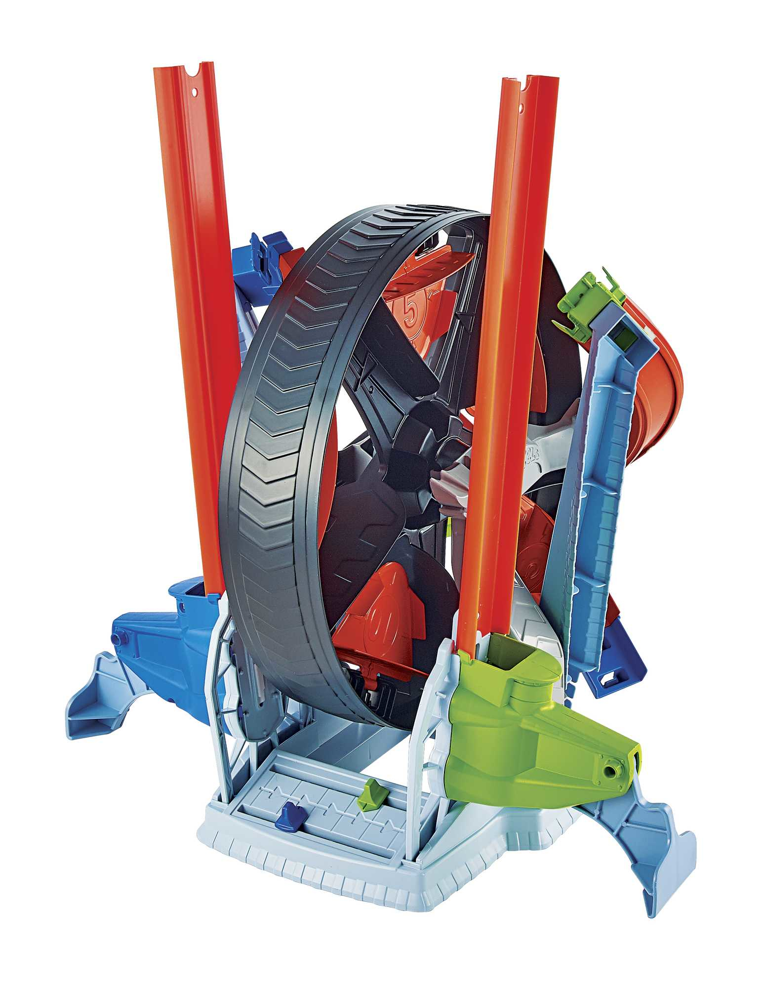 Zestaw torów Hot Wheels z dużym obracającym się kołem, czerwonymi i niebieskimi torami oraz białym tłem.