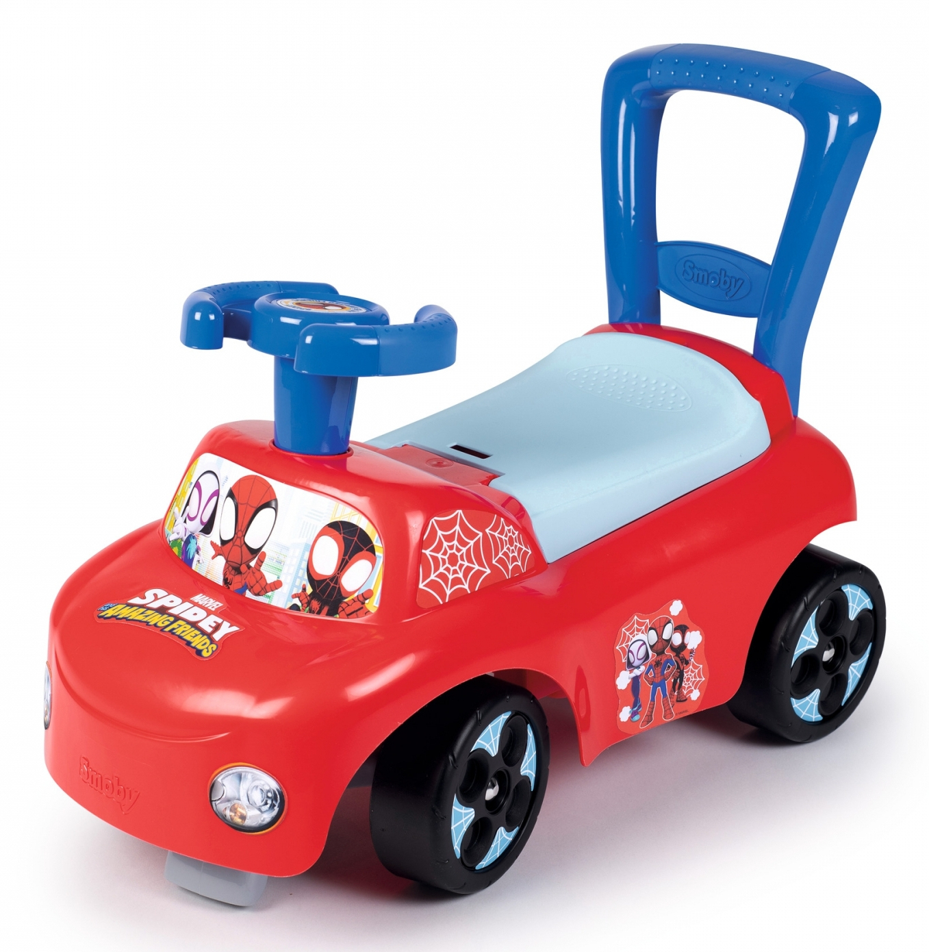 Czerwony samochodzik Spider-Man z niebieskim uchwytem i kierownicą. Posiada grafikę Spider-Mana.