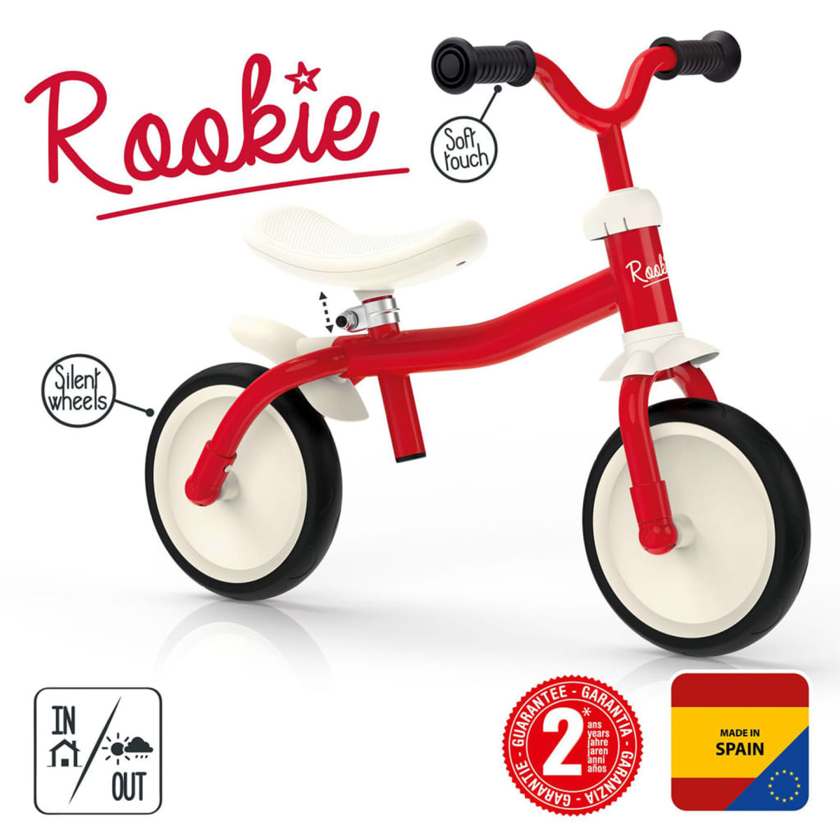 Ein rotes Laufrad mit weißem Sitz und Reifen. Es trägt den Schriftzug 'Rookie' und ein Sternsymbol.