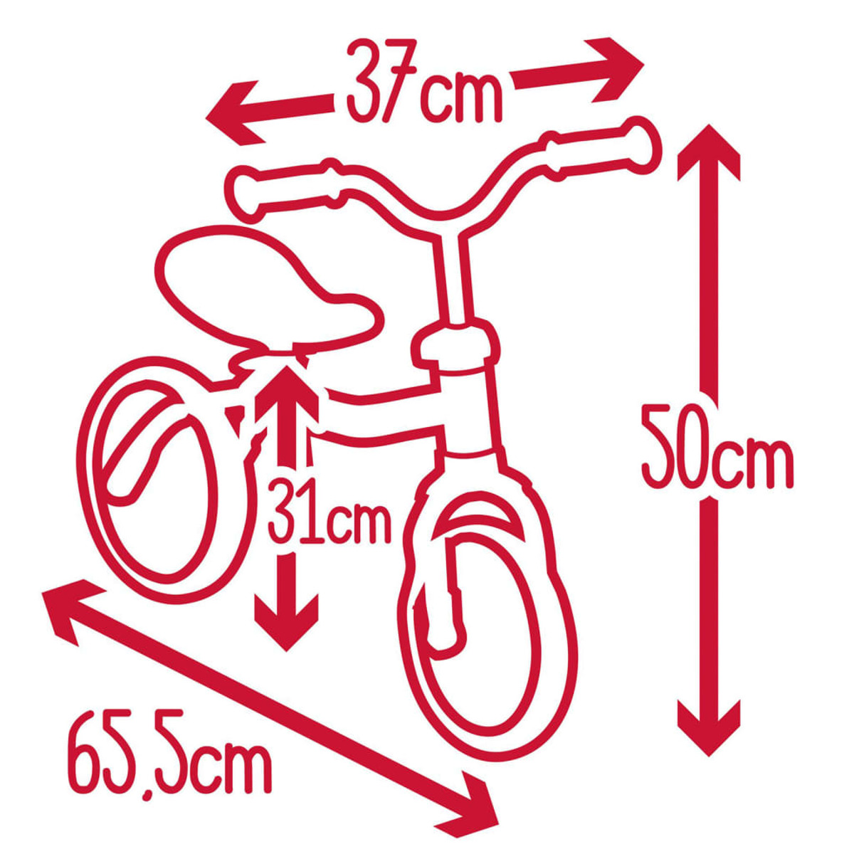 Strichzeichnung eines roten Laufrads mit Abmessungen. Das Fahrrad ist 37 cm breit und 50 cm hoch.