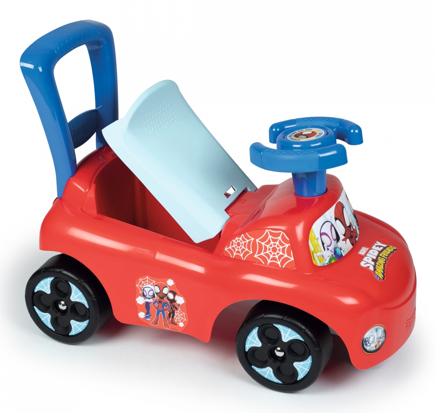 Czerwony samochodzik Spider-Man. Posiada niebieski uchwyt, siedzenie i kierownicę, z grafiką Spider-Mana z przodu.