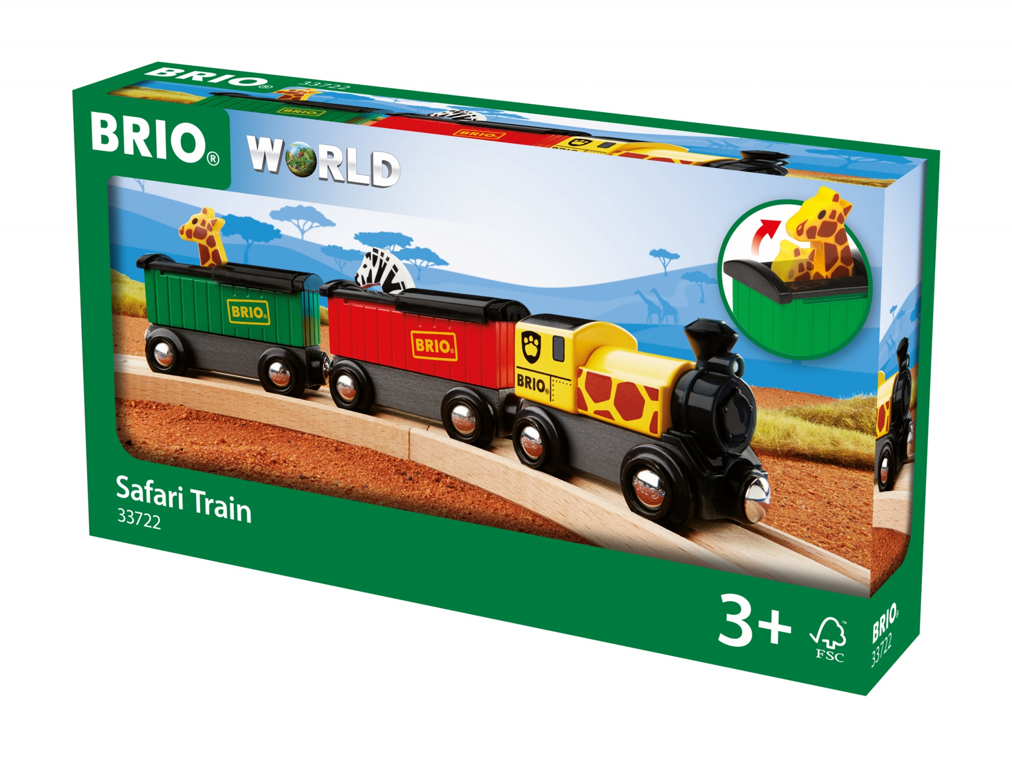 Brio World Safari Train Box. Die Box zeigt einen Zug und Giraffenfiguren. Die Box ist grün.