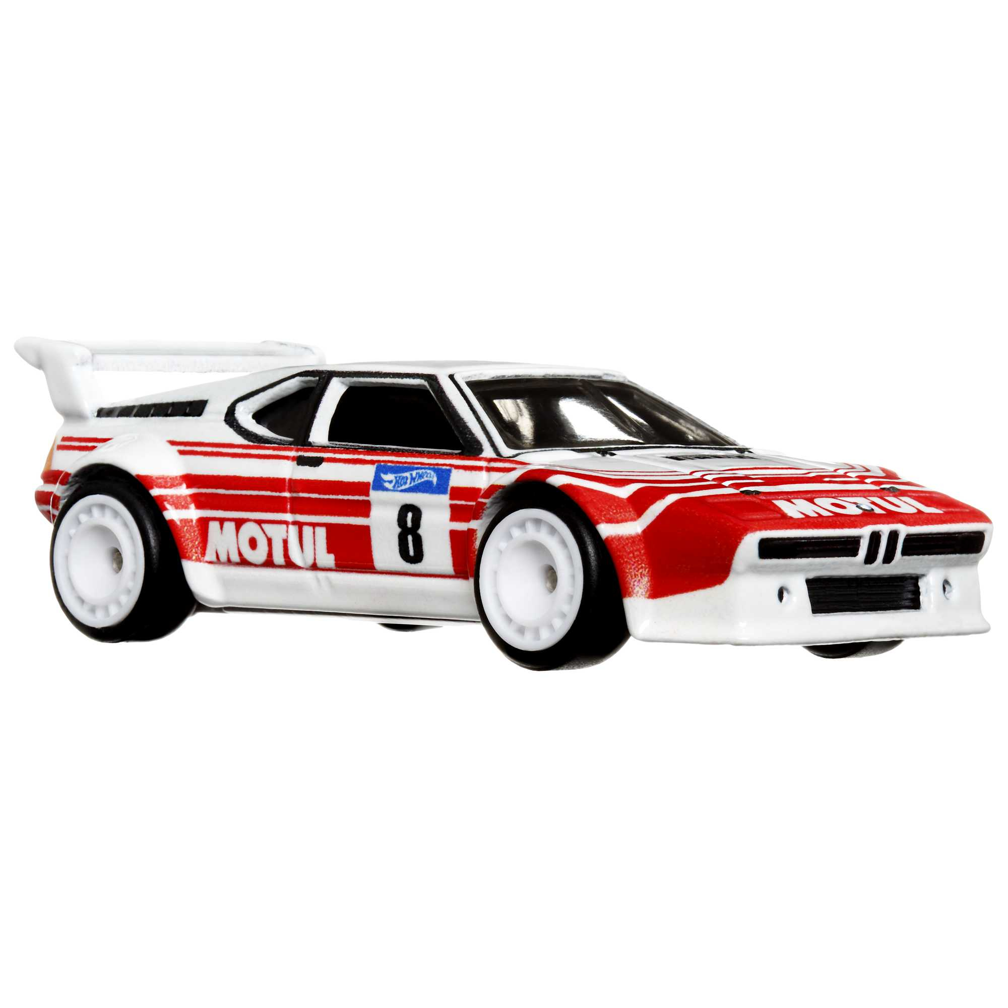 Biały samochód wyścigowy z czerwonymi akcentami, numerem 8 i napisem „MOTUL”. Ma białe koła.